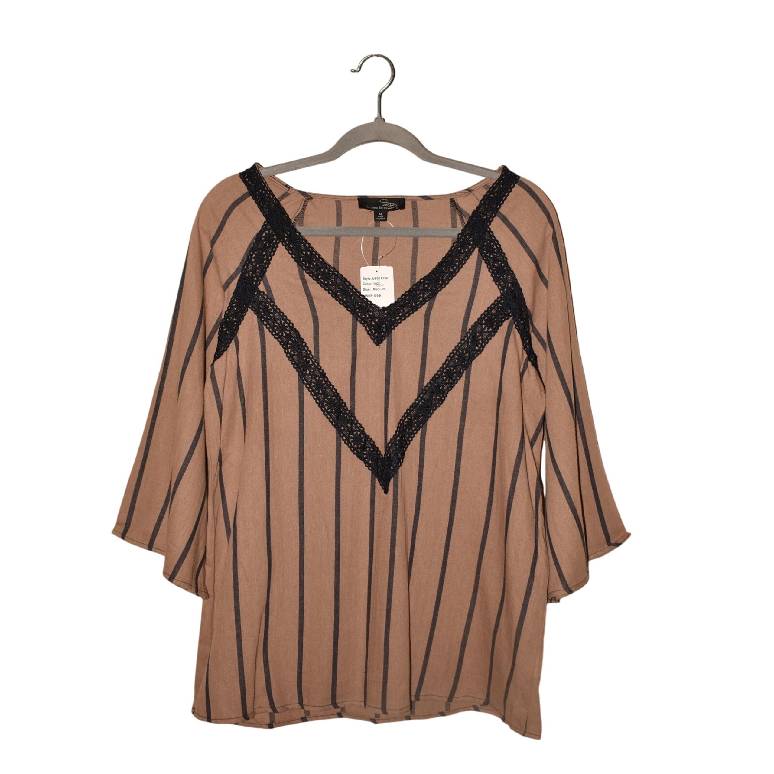 SUZANNE BETRO NEW $66 Brown Black Cotton Tunic Top Crochet Lace V-Neck Medium