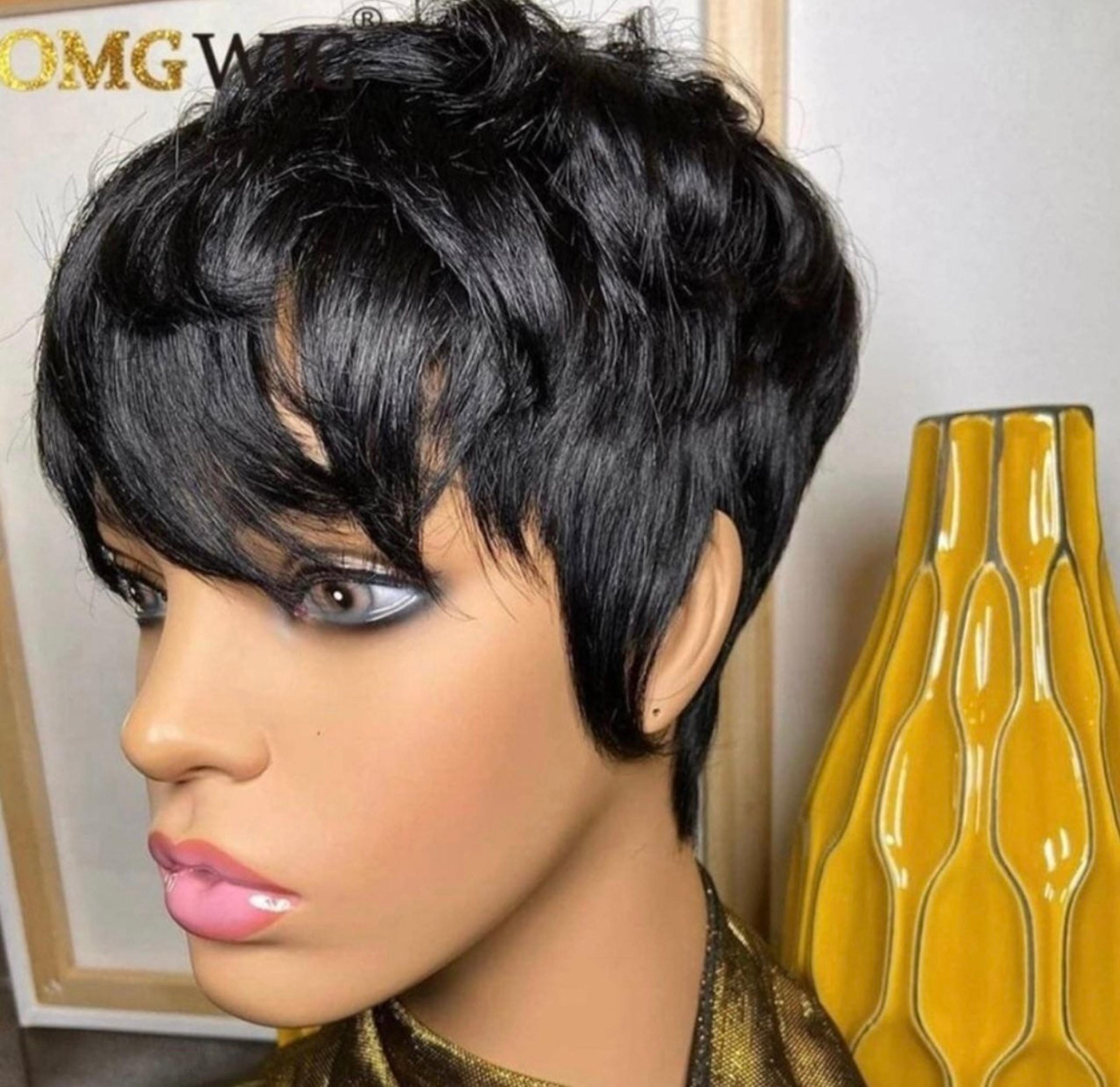 Alcobi-Short pixie cut wavy wave layered hair wig human hair short black color w