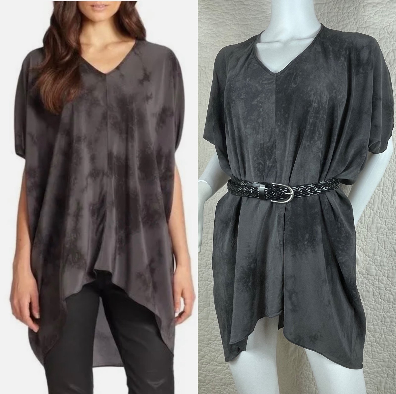 Eileen Fisher 100% Silk Tie Dye Gray Oversized Tunic Top Size XS