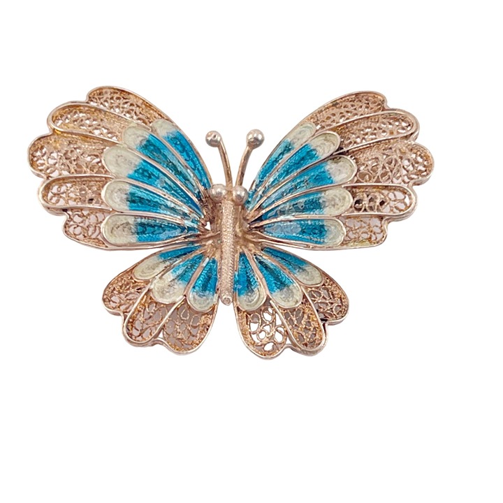 Chinese Export 1970s Blue Enamel Butterfly Pin Brooch Filigree 900 Silver