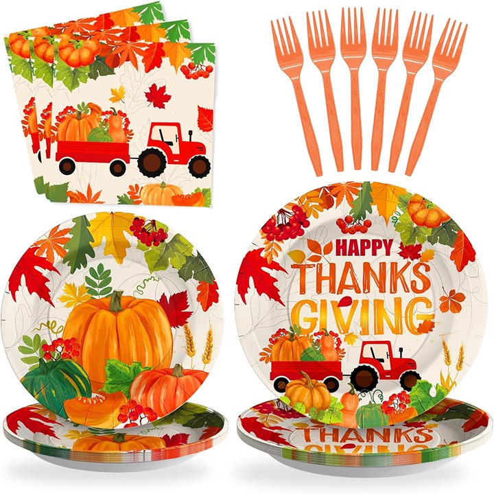 96Pcs Thanksgiving Plates and Napkins Sets - Happy Thanksgiving Pumpkin