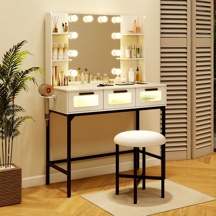 Makeup Vanity Desk w/ Hollywood Mirror & Lights 3-Color Induction Lighting