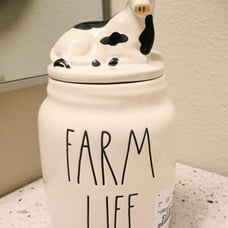 Rae Dunn FARM LIFE Ceramic Canister w/ Cow Topper NEW! ~Dunn Collectible Decor~