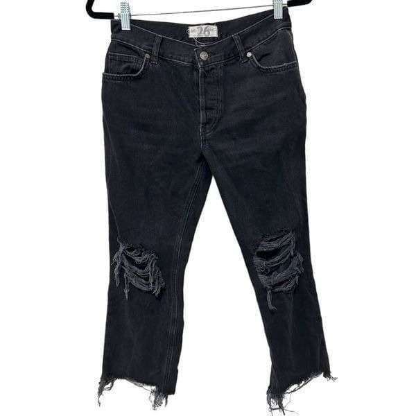 We The Free People Distressed Straight Leg Jeans Black Denim Dark Wash Size 26