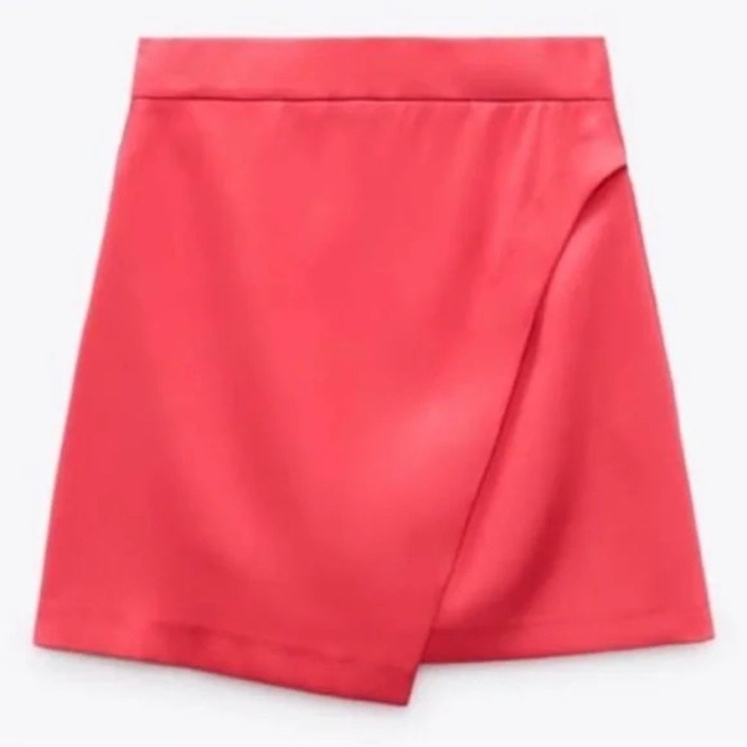 Zara Mini Faux Wrap Satin Coral Skirt Minimalist Effortlessly stylish Sz S NWT
