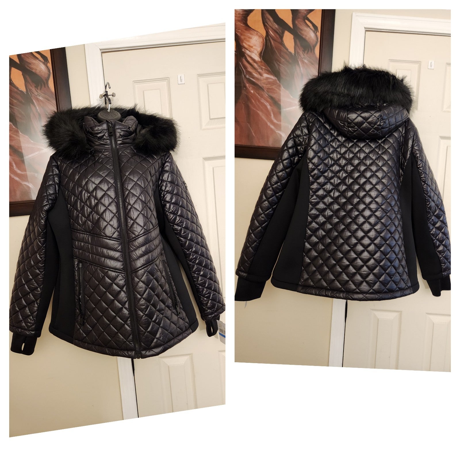 Michael Kors Black Faux Fur Hooded Puffer Jacket Coat, Size Xlarge
