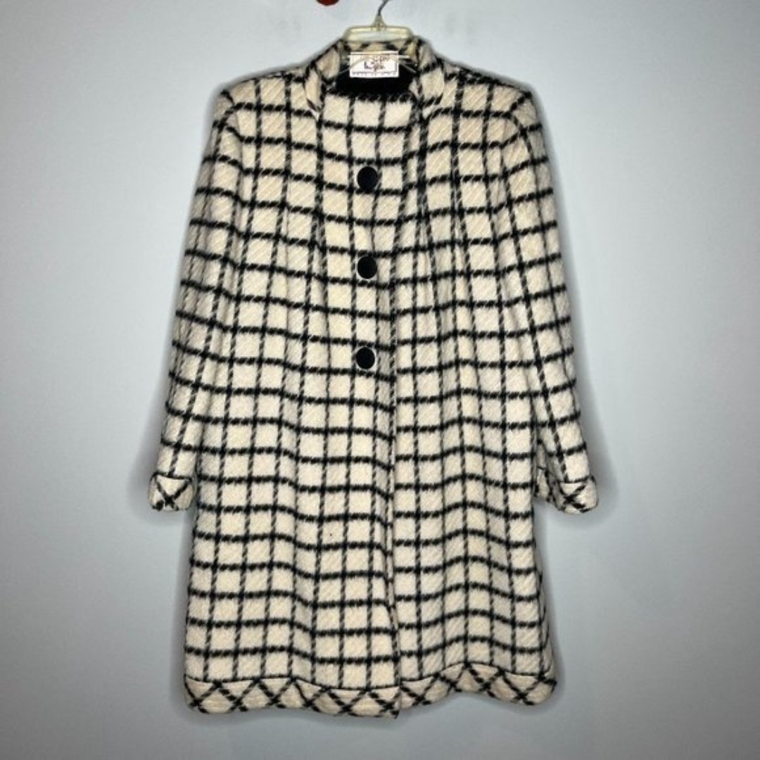 Pauline Trigere Vintage black and white wool window pane Mod Swing coat