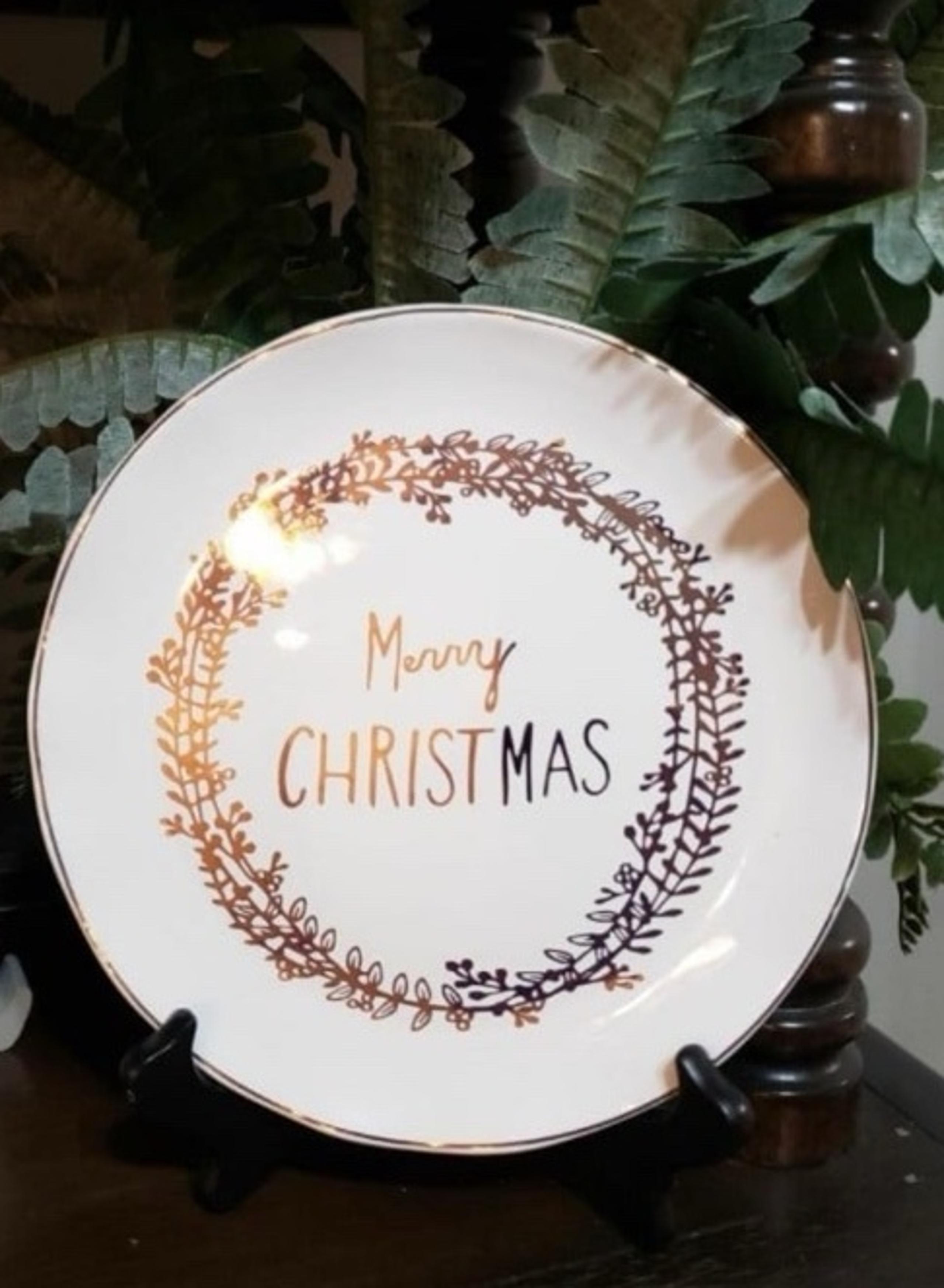 Decorative Farmhouse Merry Christmas Scalloped Accent Plate with Mirrored Script