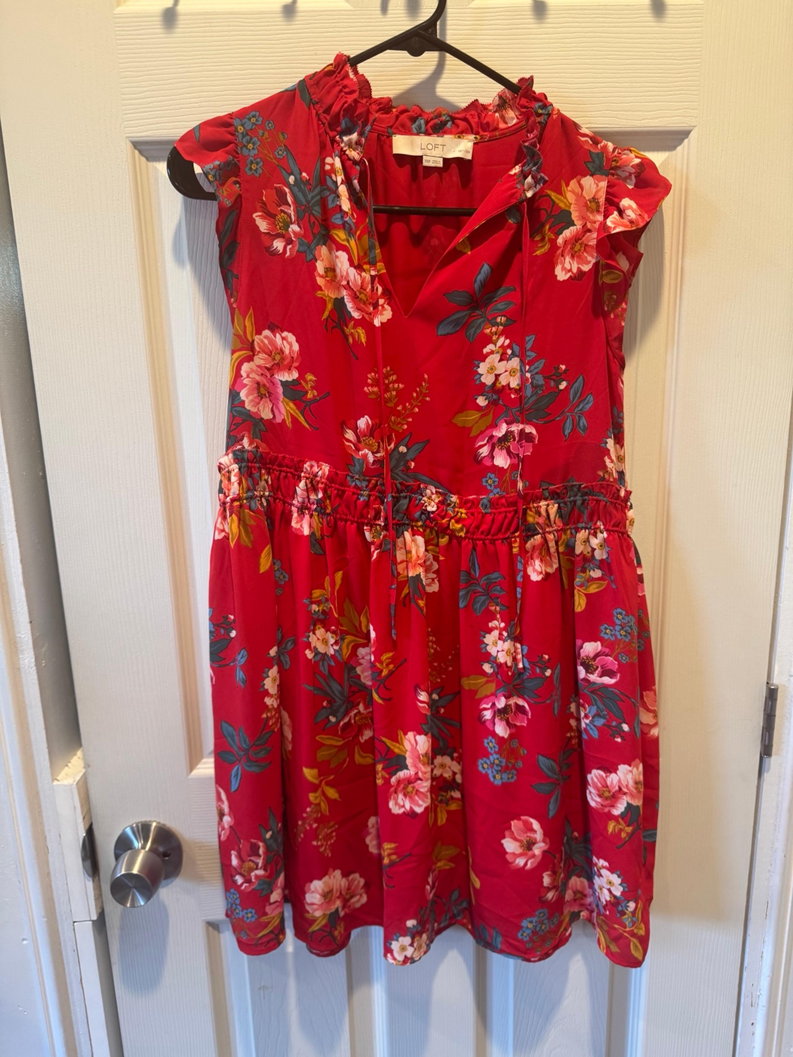 Cute LOFT Floral Smocked Tie Neck Swing Dress