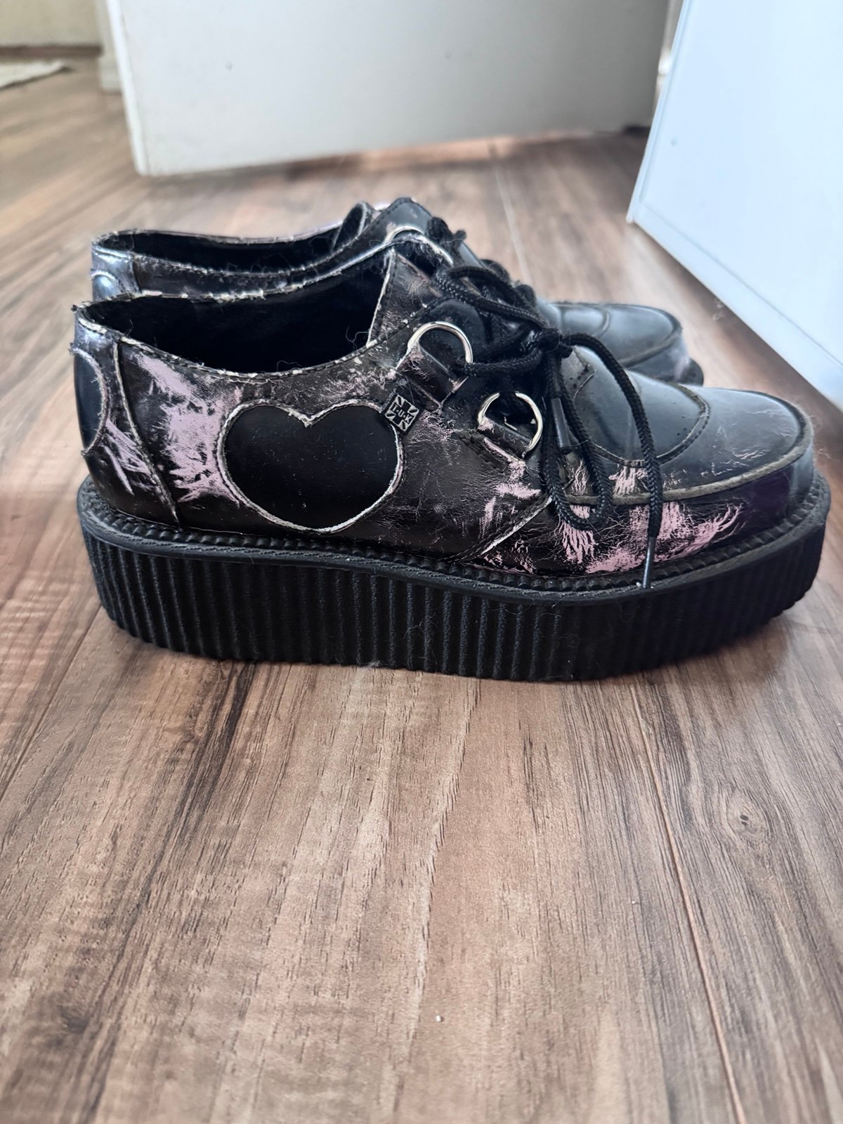 T.U.K pink and black heart creepers shoes