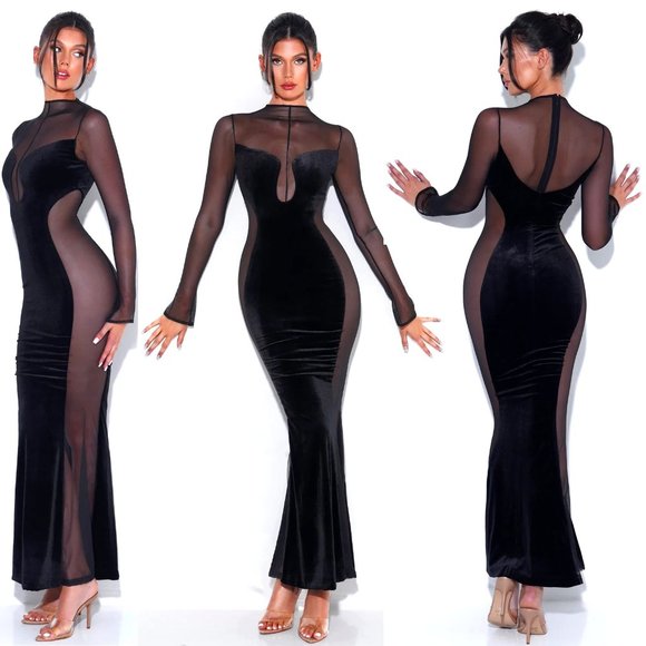 INSANELY BEAUTIFULMiss Circle Paislee Black Velvet & Mesh Long Sleeve Gown