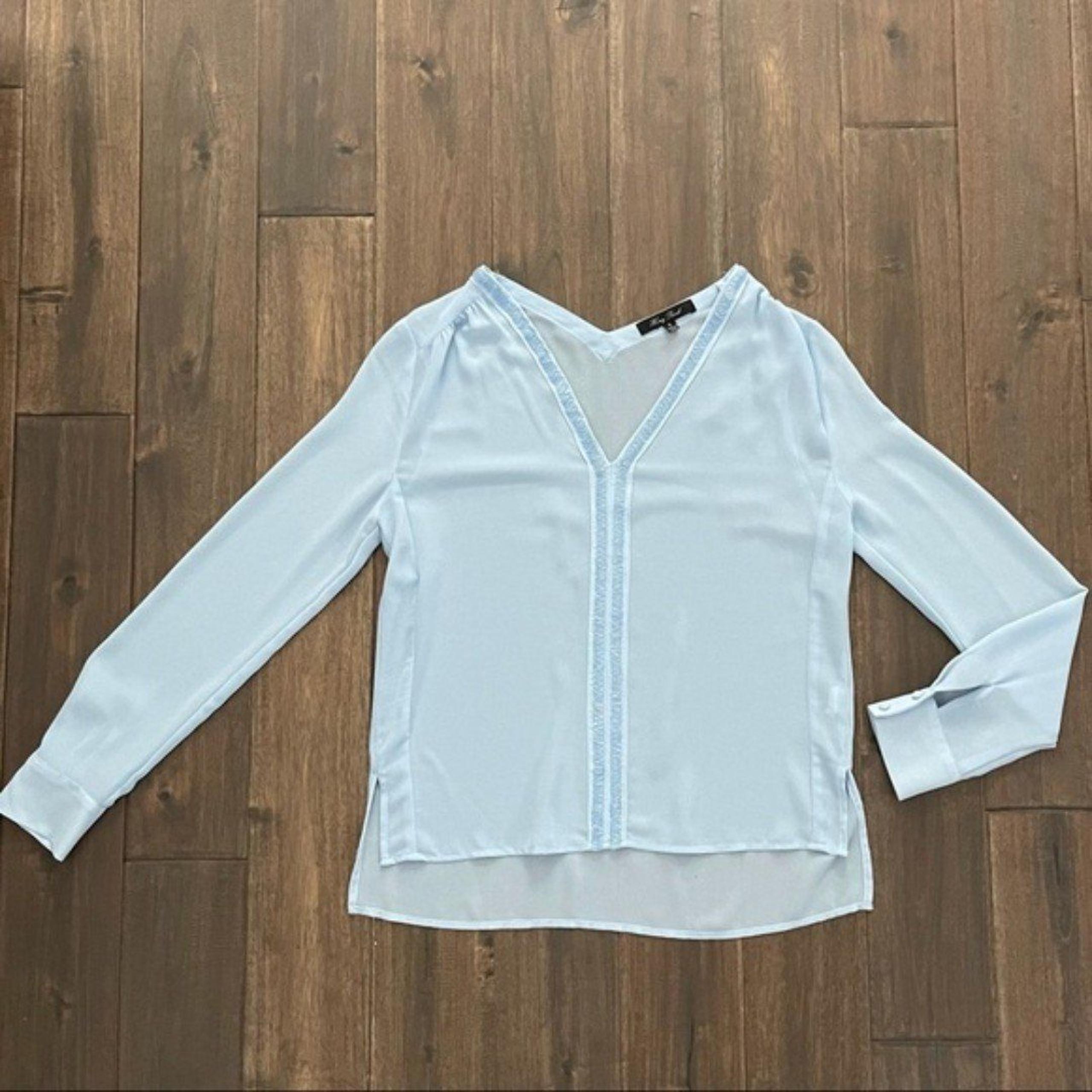 Honey Punch Light Blue Long Sleeve Sheer Beaded Blouse S