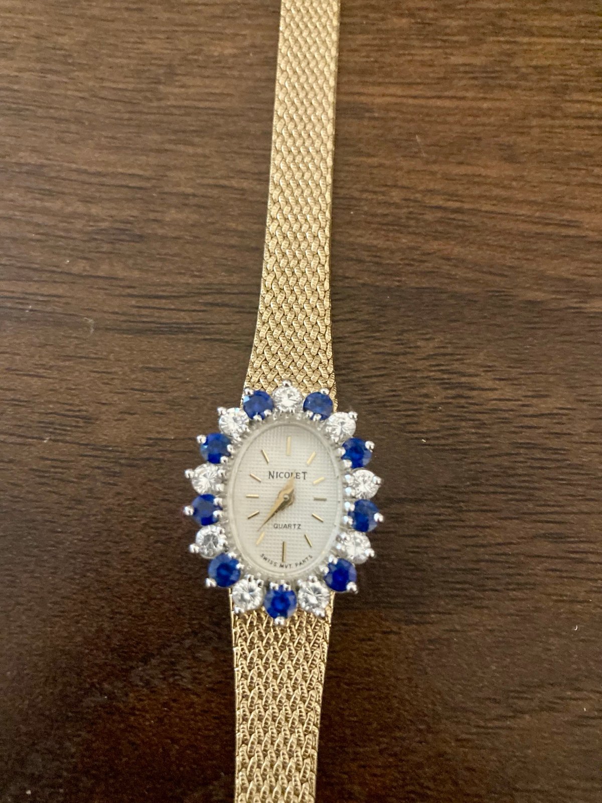 Vintage Nicolet Genuine Sapphire and CZ Stones Gold Plated Watch