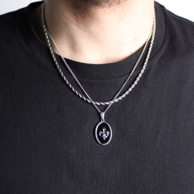 Silver Enamel Fleur De Lis Pendant Necklace & 3mm Rope Chain Set