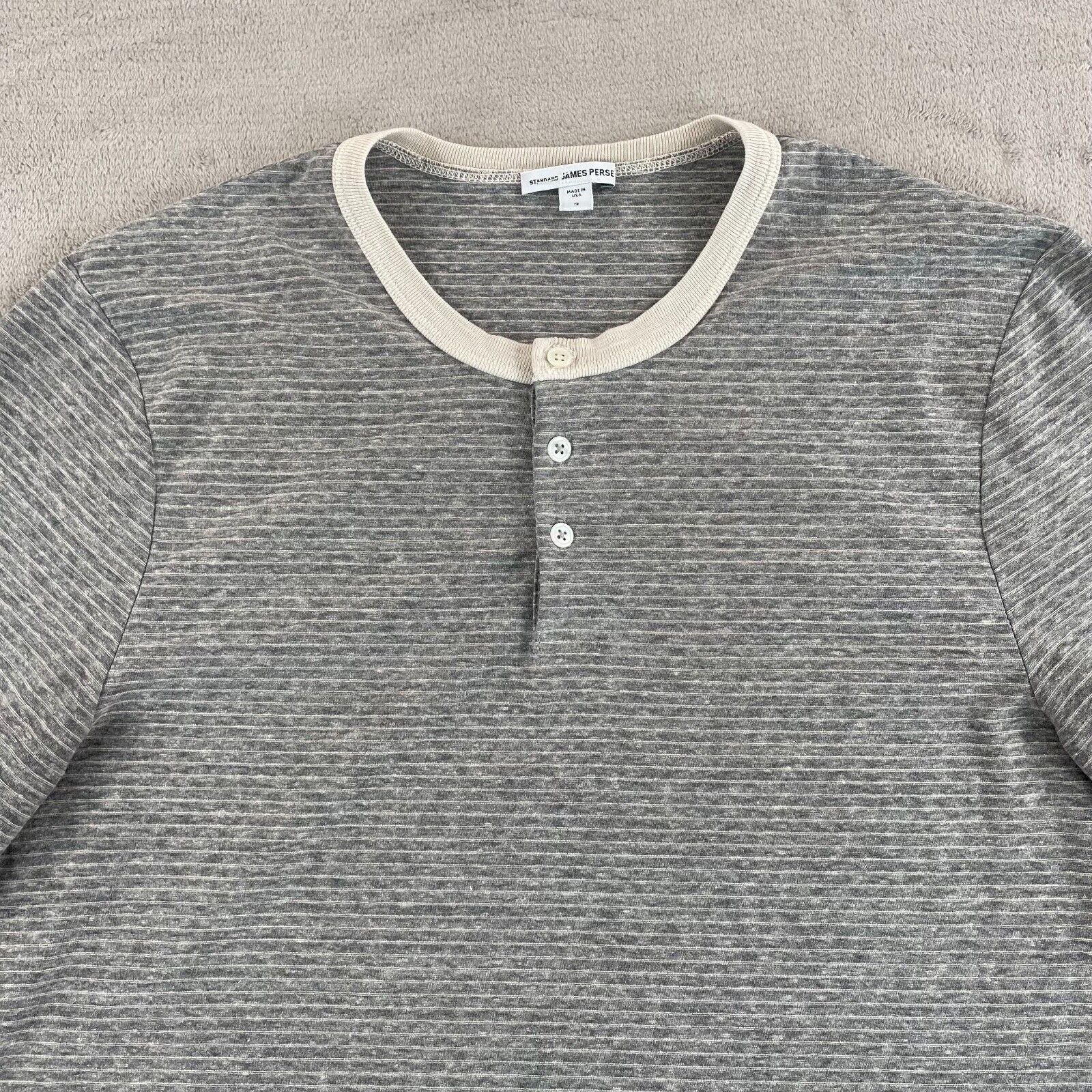 James Perse Micro Stripe Henley Shirt Men 3 Large Pollock Pigment LS USA Made
