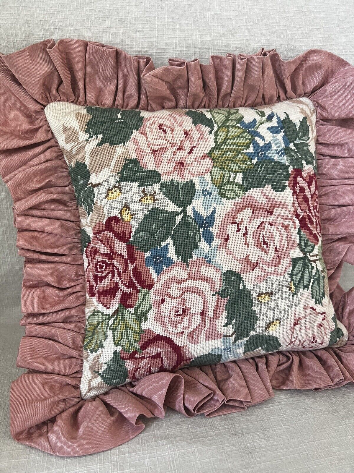 Vintage Needlepoint Pillow Rose Garden PInk Ruffle Shabby Chic Cottage 16”