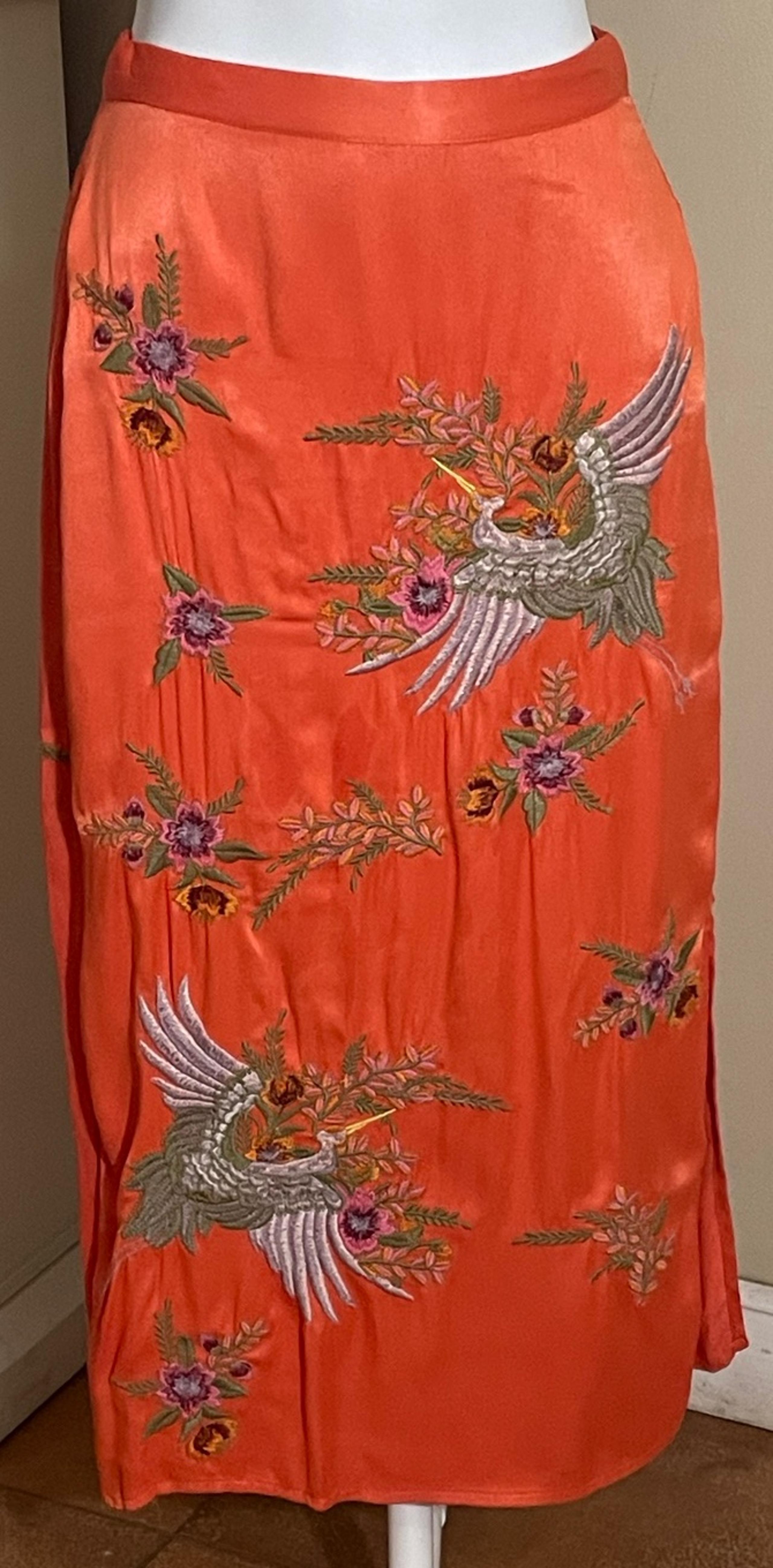 Anthropologie Maeve Crane Embroidered Midi Skirt 00 Petite