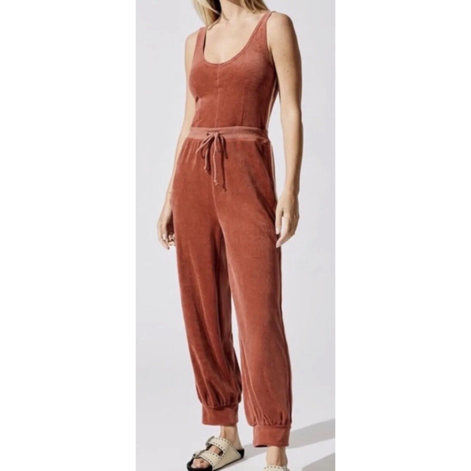 Free People Feel Good Velour Jumpsuit One Piece Varsity Striped Tie Rust XS NEW