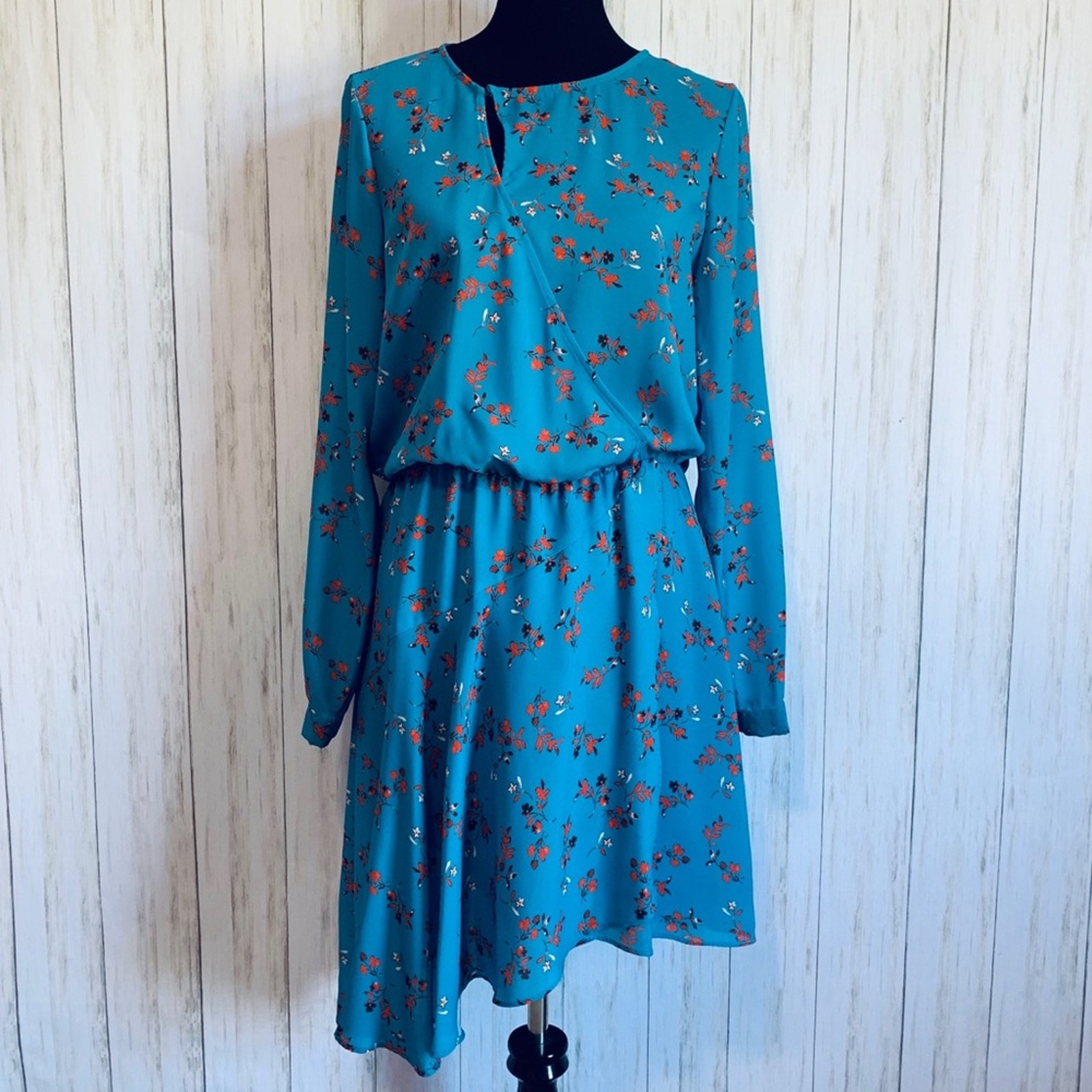 Parker blue floral faux wrap asymmetrical dress size Large NWT