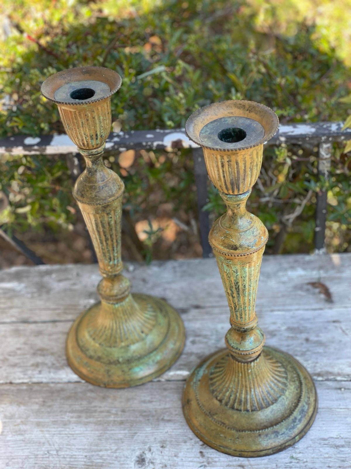 Vintage Brass painted metal verde green patina candle stick holders 14”