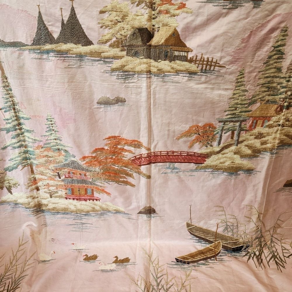 Antique Textile Japanese Hand Embroidered Silk Landscape Pagoda Mount Fuji 82X68