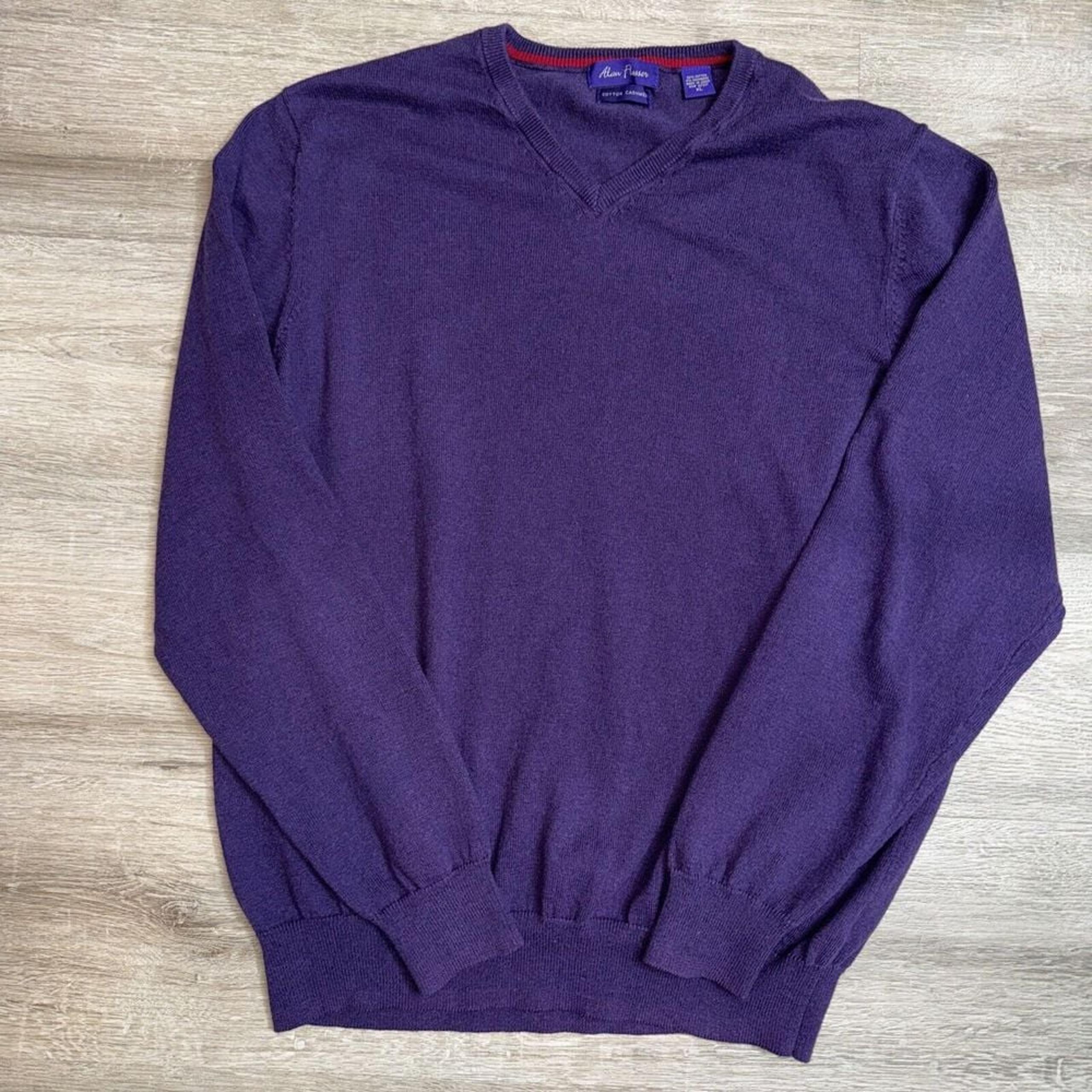 Alan Flusser Cotton Cashmere V-Neck Sweater Purple Knit Pullover XL
