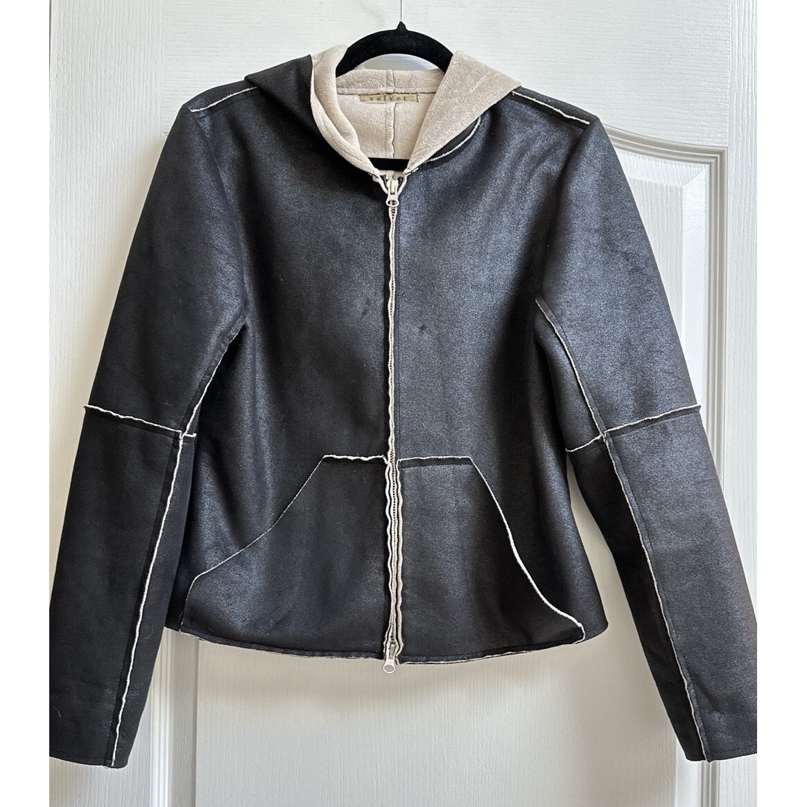Velvet Faux Suede Hoodie Jacket Women Shepa Lined Y2K Size M Black