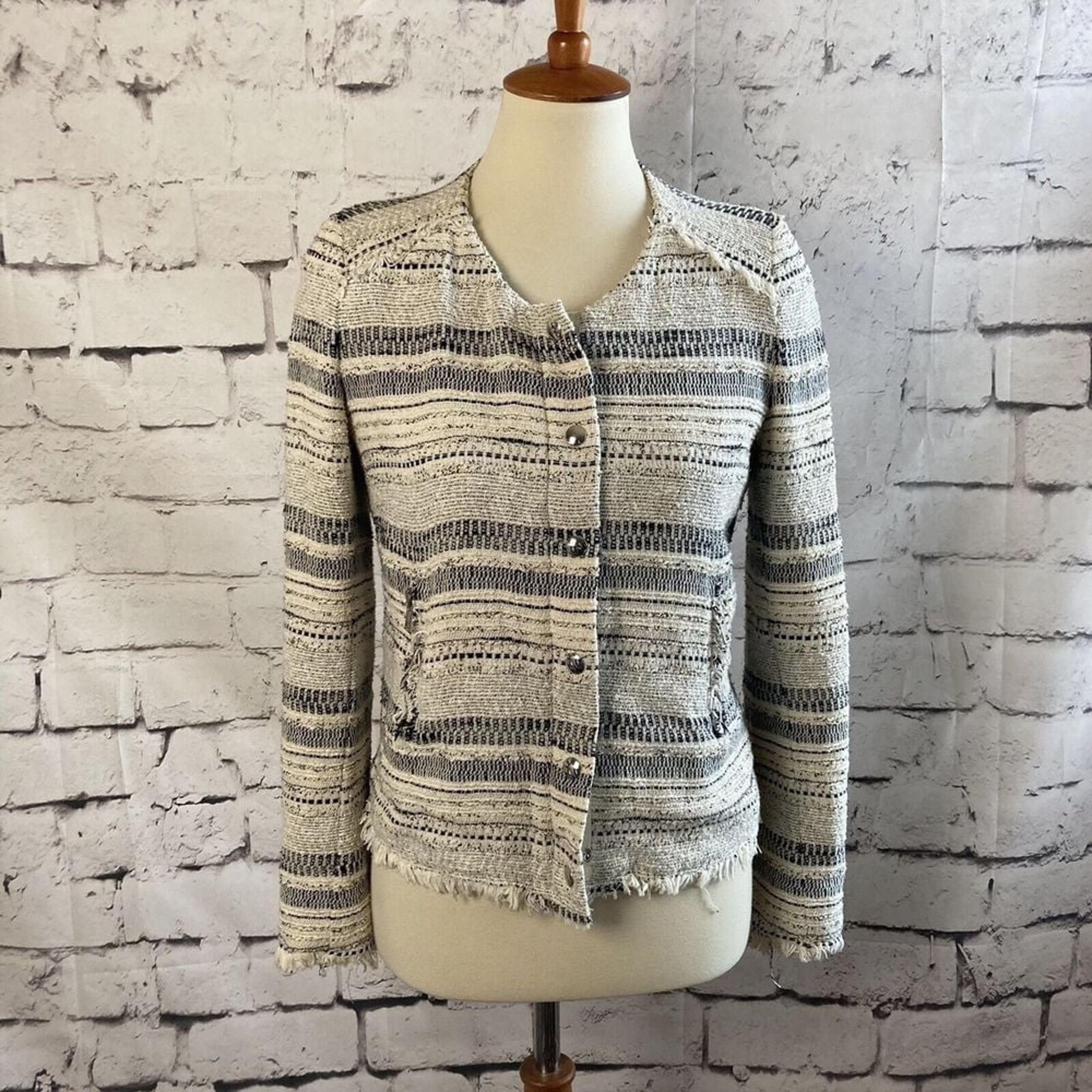 IRO Blazer Womens 4 Small Lizze Tweed Career Work Black Ivory Full Zip Office