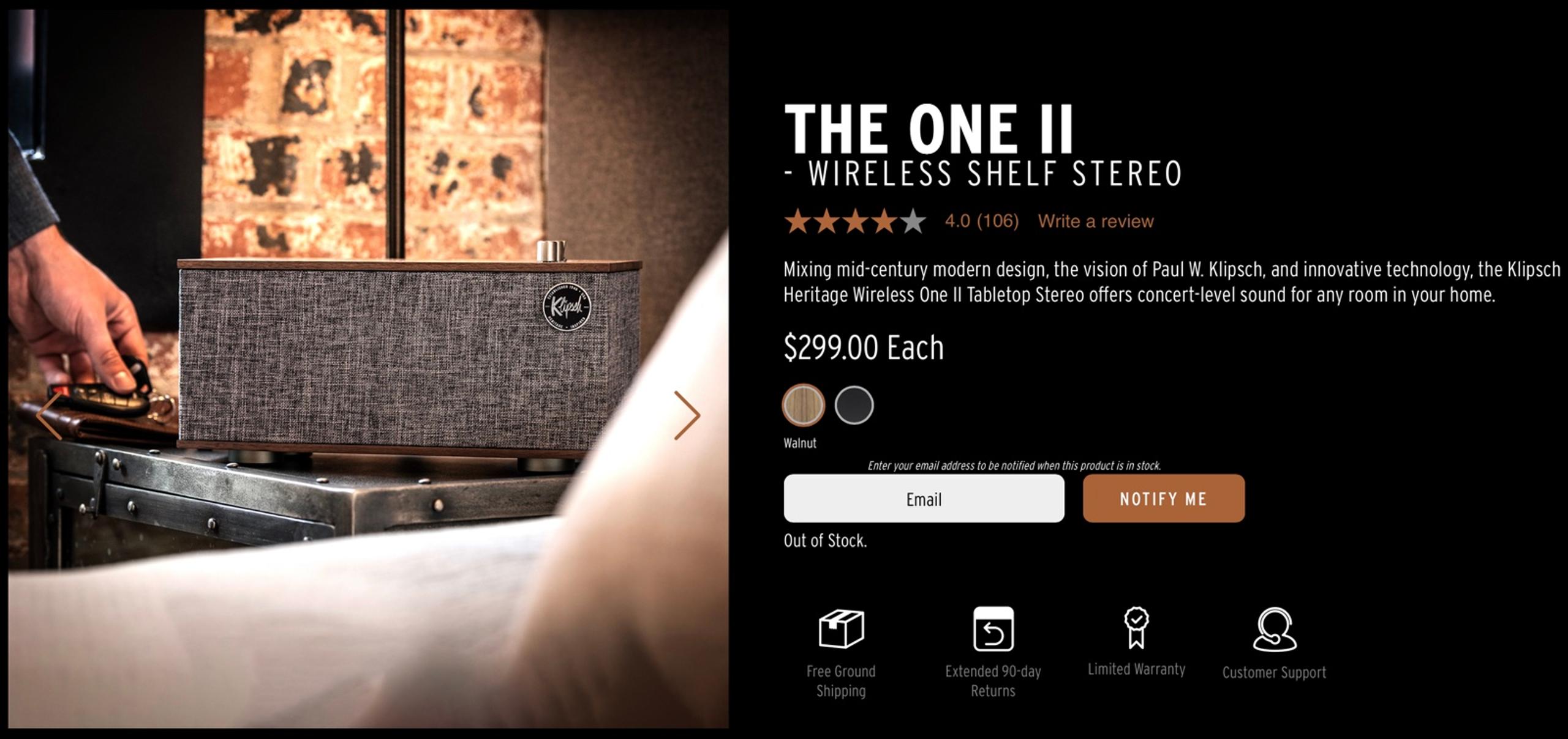 Klipsch The One II Phono Wireless Tabletop Shelf Stereo (Walnut)