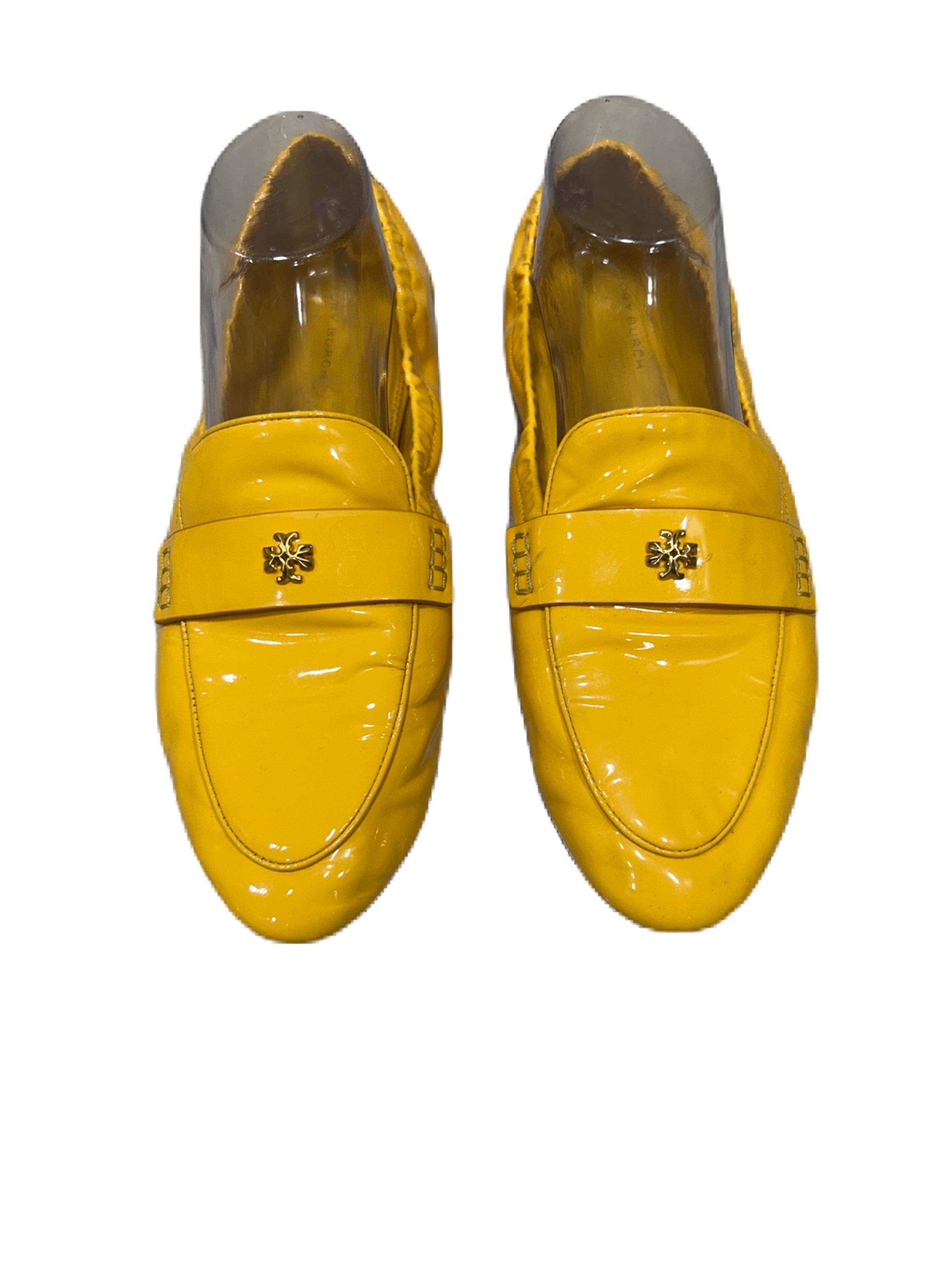 Tory Burch Women's Logo Gold Patent Leather Pull On Ballet Loafers 9.5 Fisherman