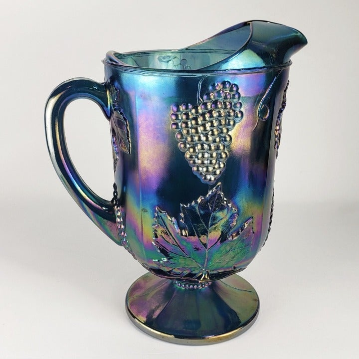 VTG Iridescent Electric Blue Purple Carnival Glass Pitcher Grape & Leaf Pattern