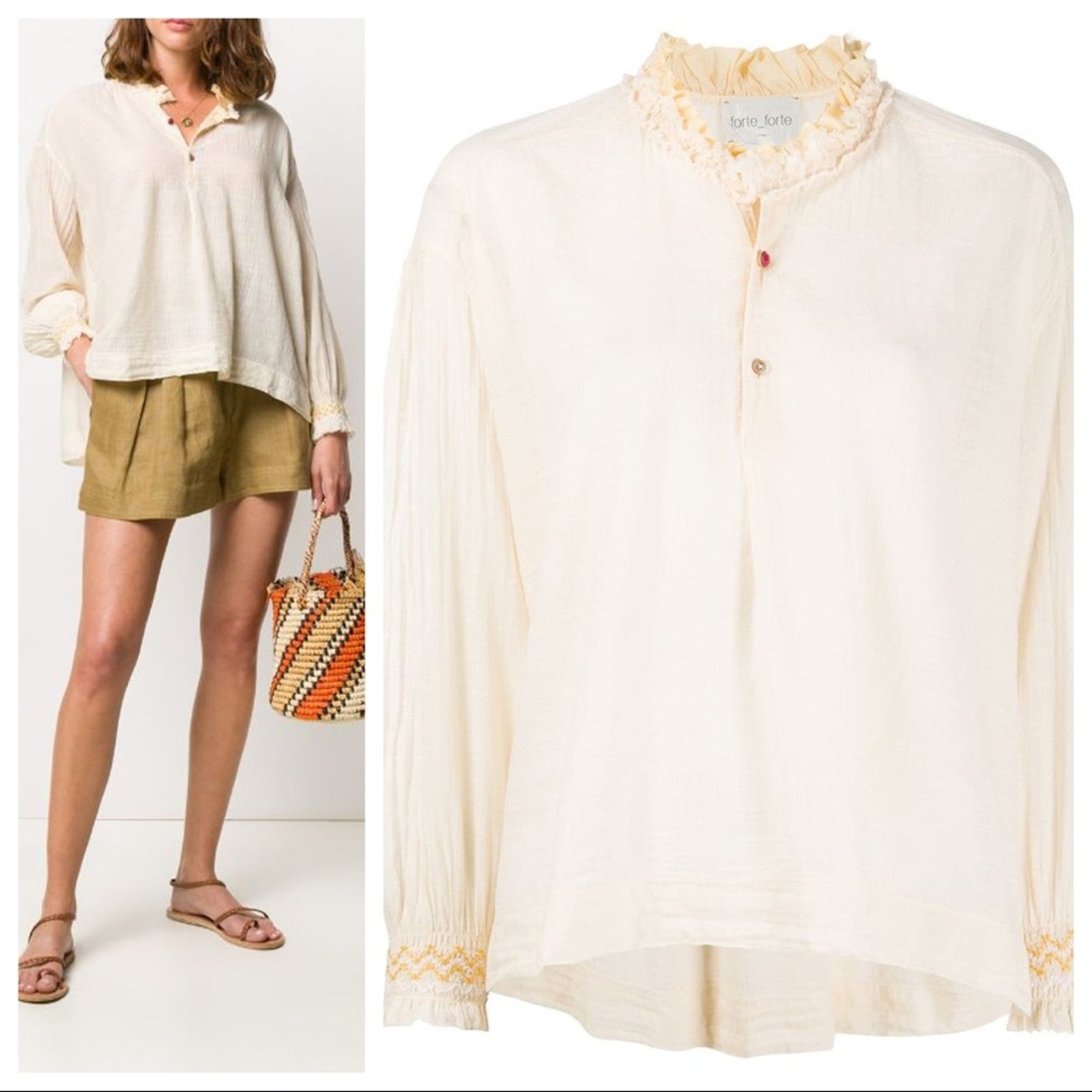 Forte Forte Ruffle-neck Half-button Boho Blouse Size S in Ivory NWT