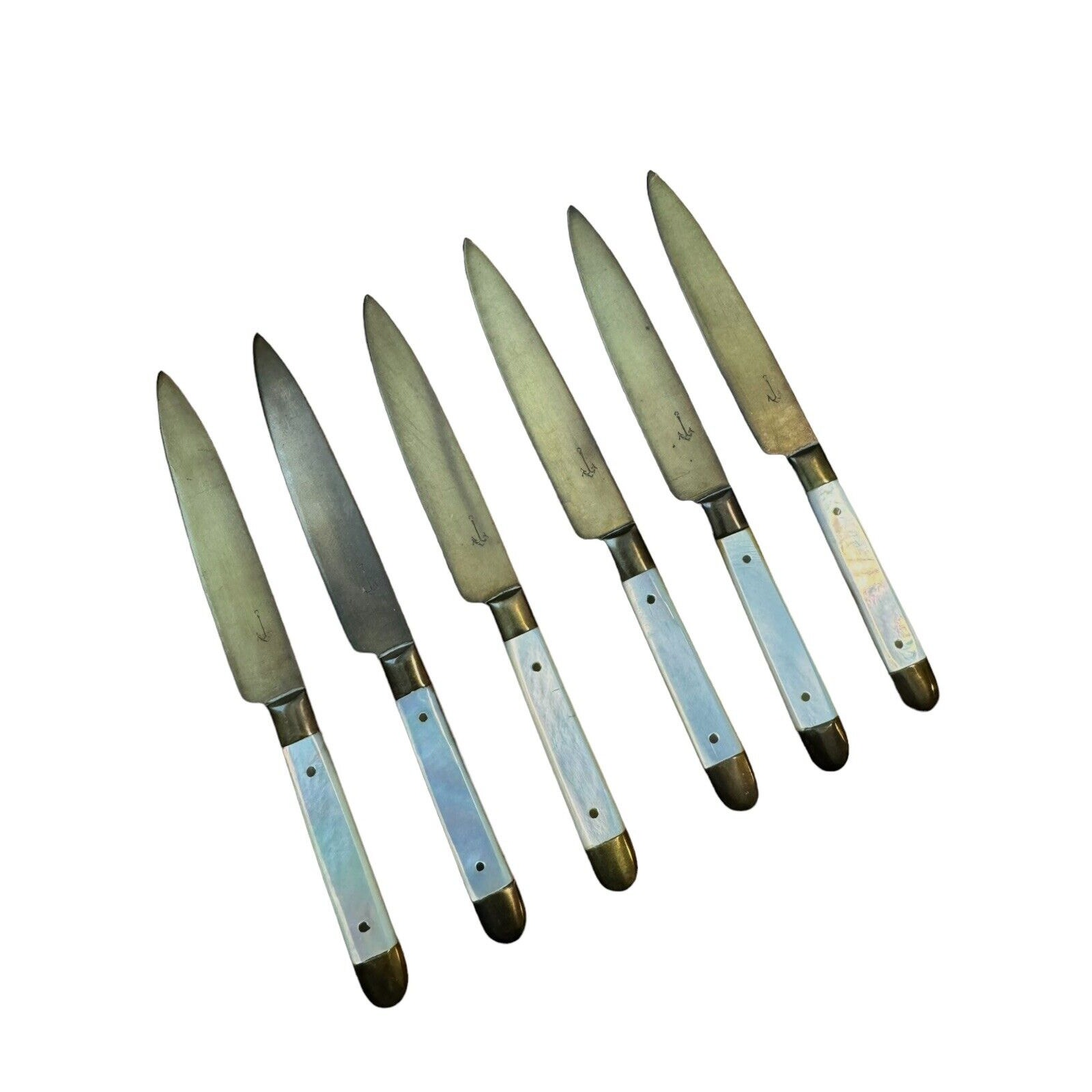 Vintage Anchor Lot Of 6 Fruit Knifes Pearl Handle Brass Colored