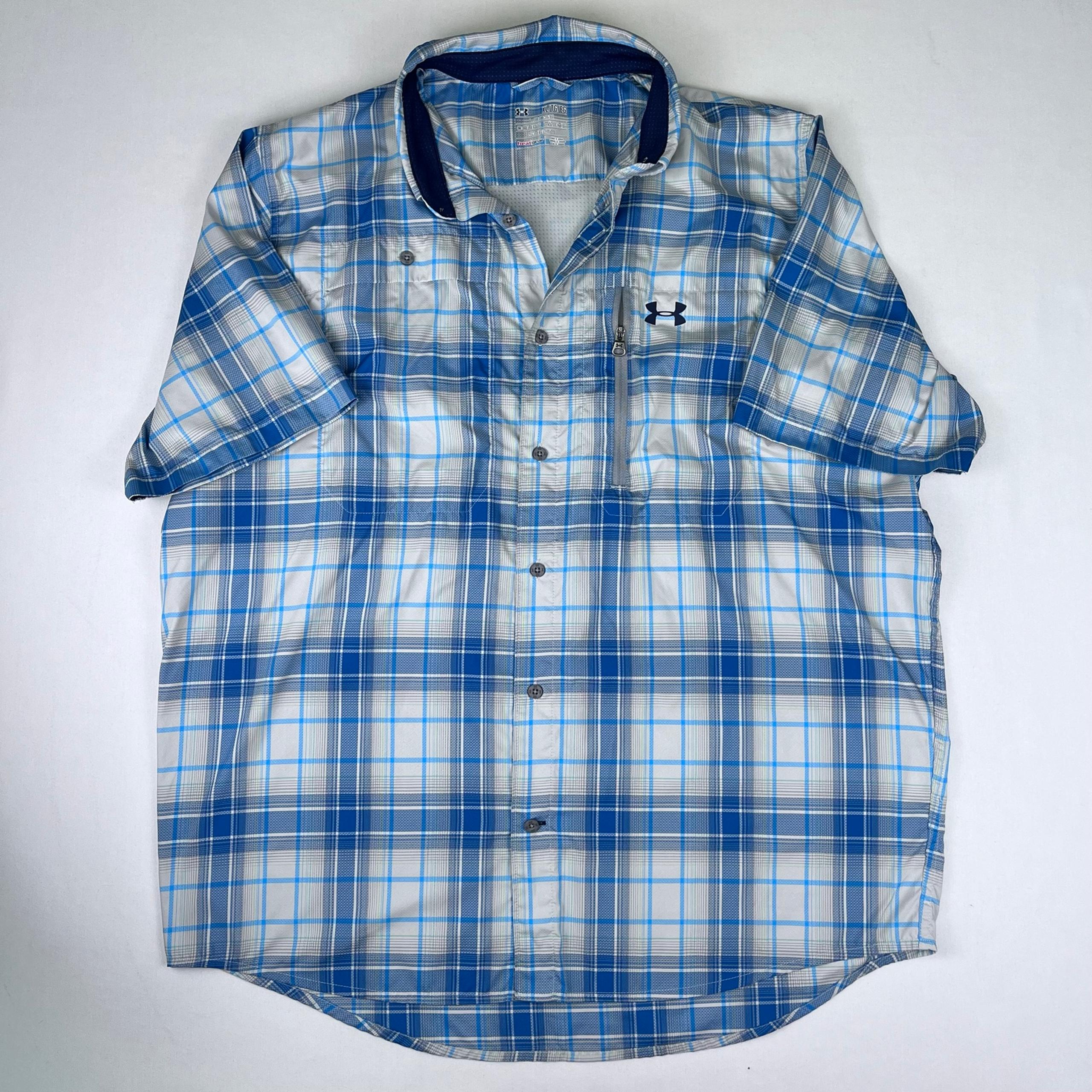 Under Armour Button Down Shirt Men’s Sz XL Blue Plaid Fishing Performance Vented