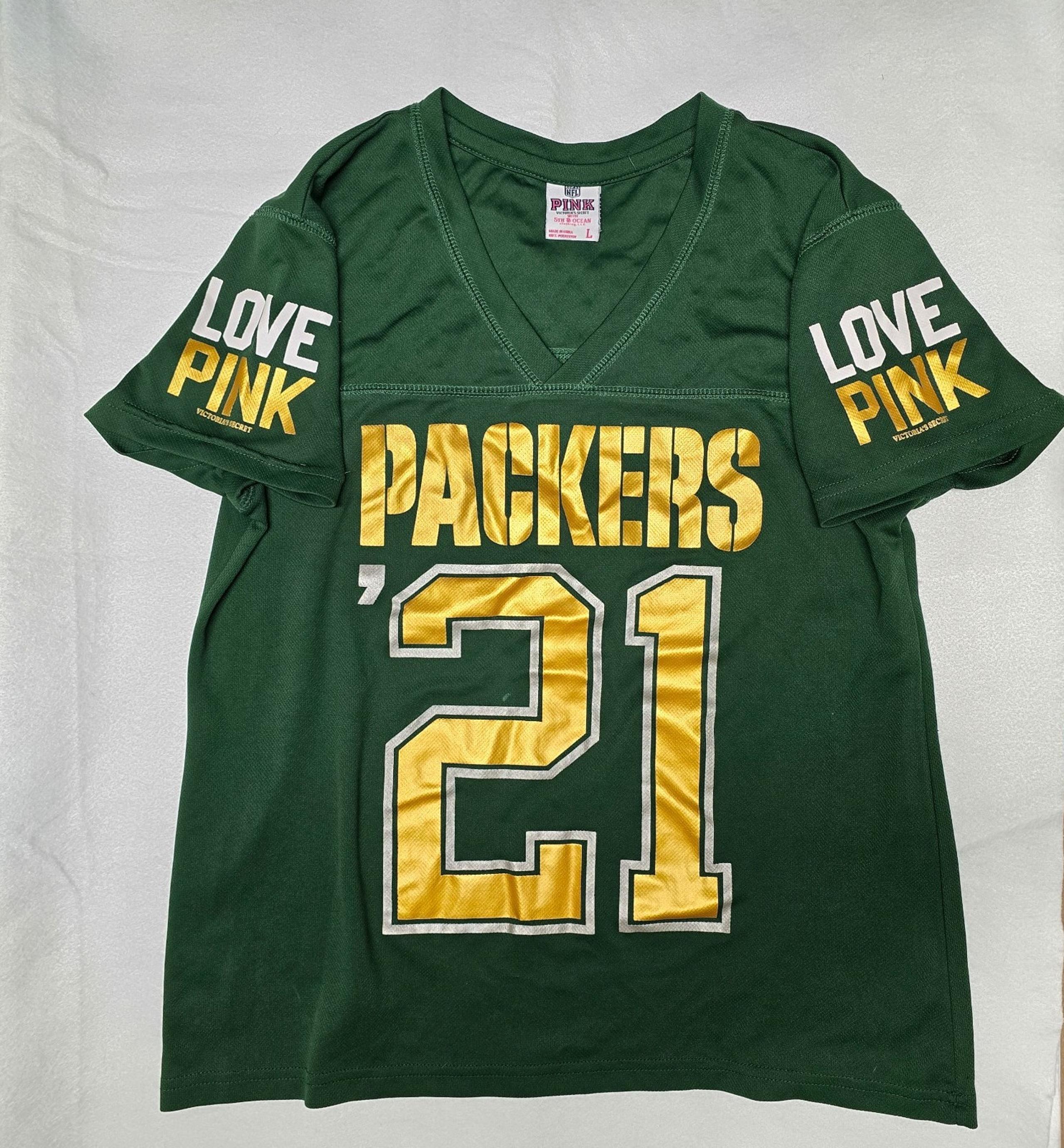 NFL PINK Victoria's Secret Green Bay Packers Women's Jersey Style Shirt, Large.