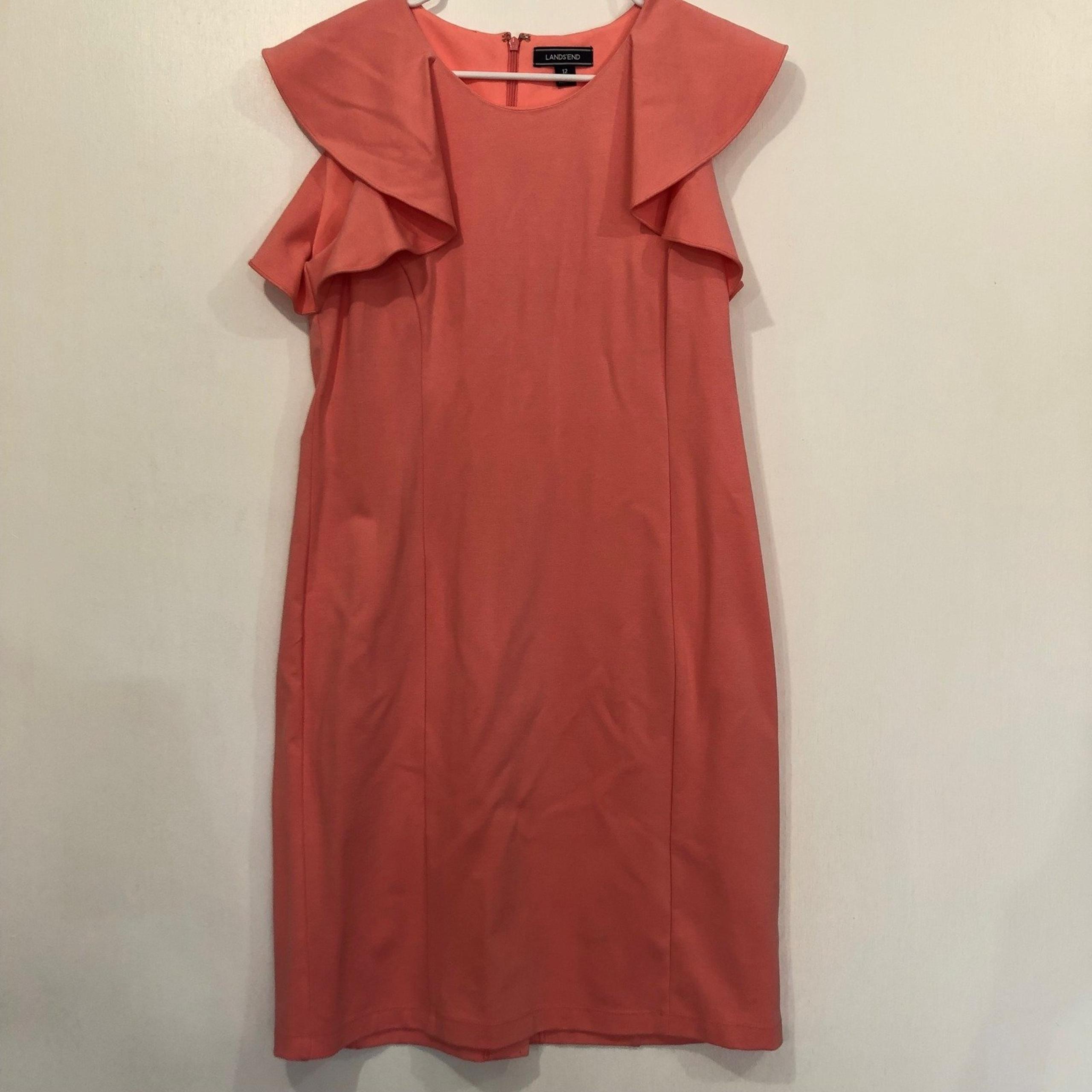 Lands' End Ruffle Sheath Dress Career Party Cocktail Coral Salmon Pink Size 12