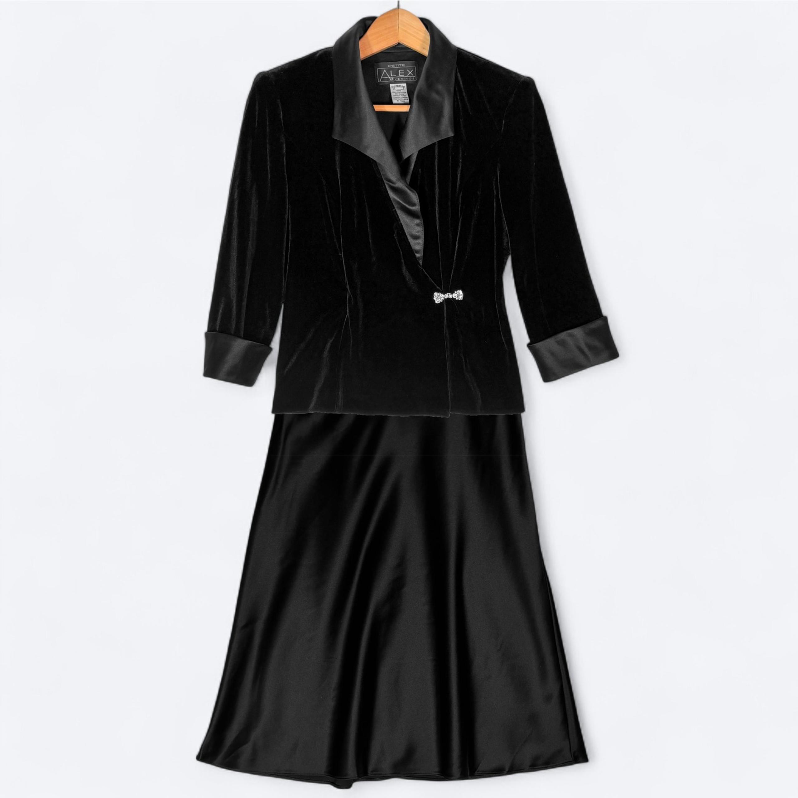 Alex Evenings Black Velvet Jacket & Satin Skirt Set Womens S Rhinestone Cocktail
