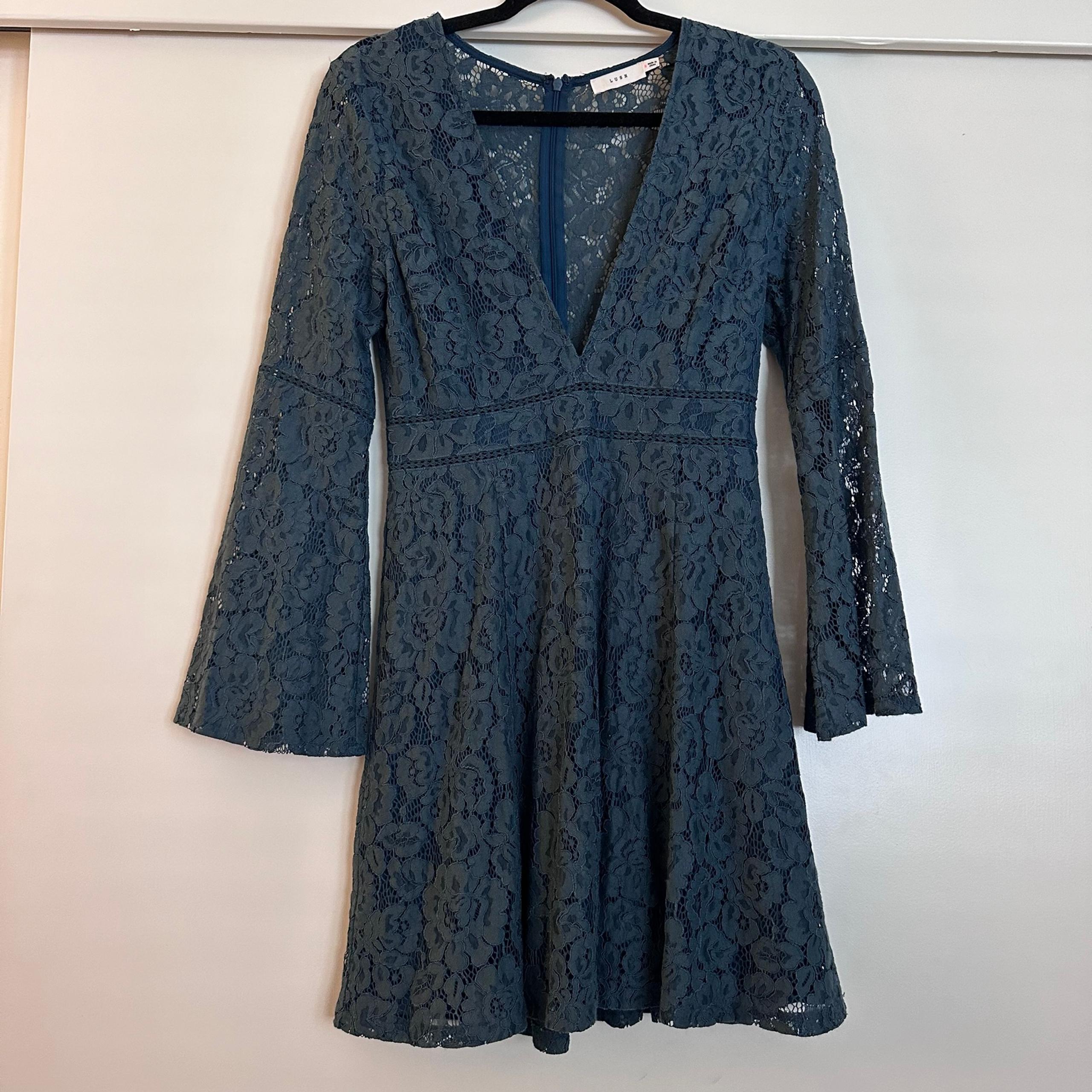 Lush Dark Green Long Sleeved Lace Mini Dress