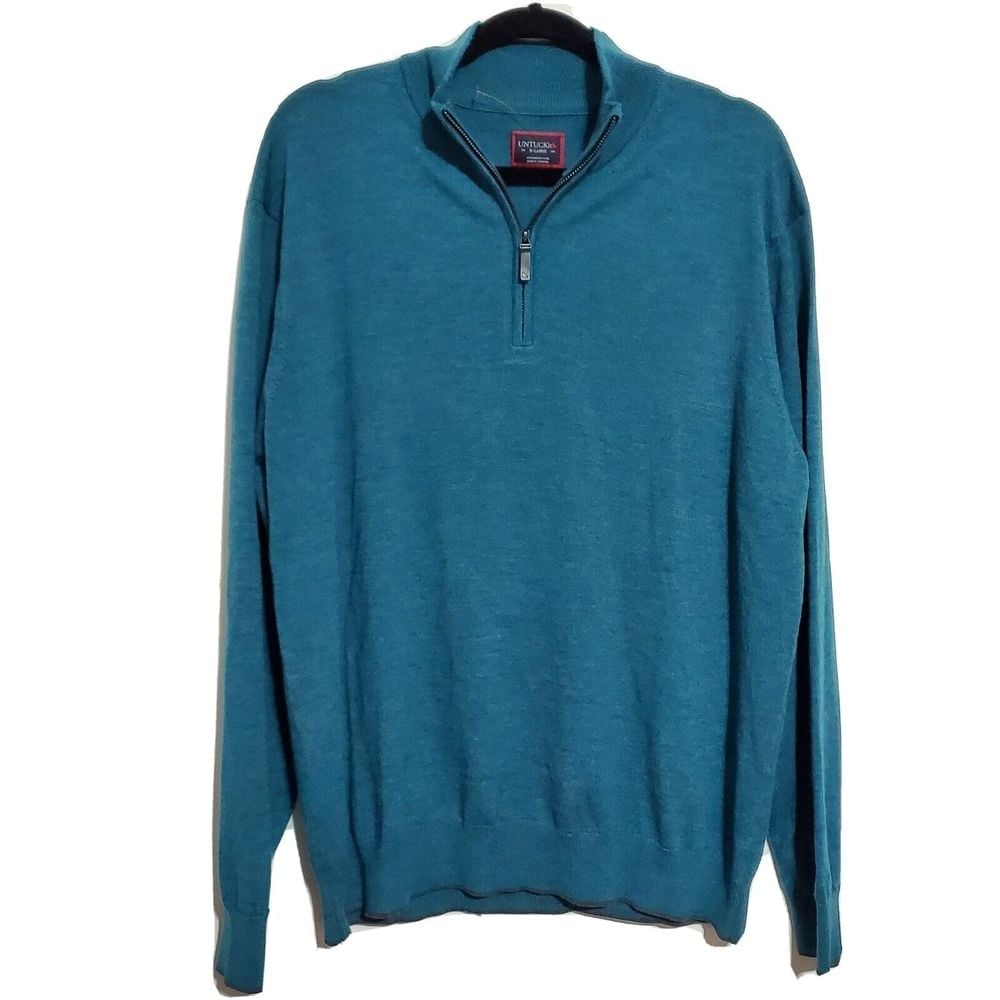 UNTUCKit Belguardo Mens Sz XL 100% Merino Wool Quarter Zip Pullover Sweater Teal