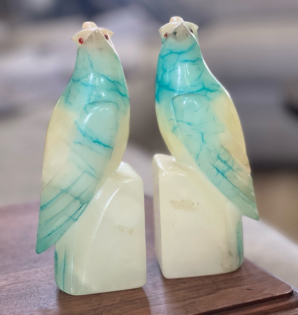 Vintage Deco Alabaster Cockatiel Pair of Bookends