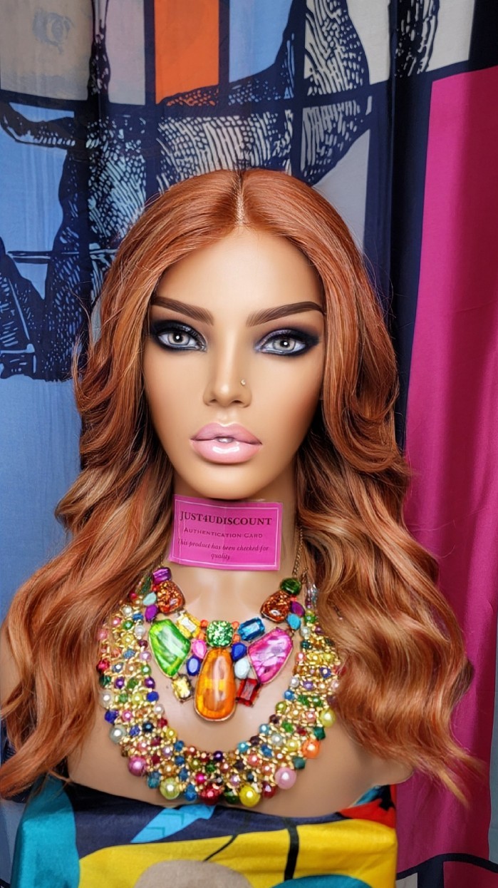 Copper burning orange wavy human blended wig with soft blonde highlights