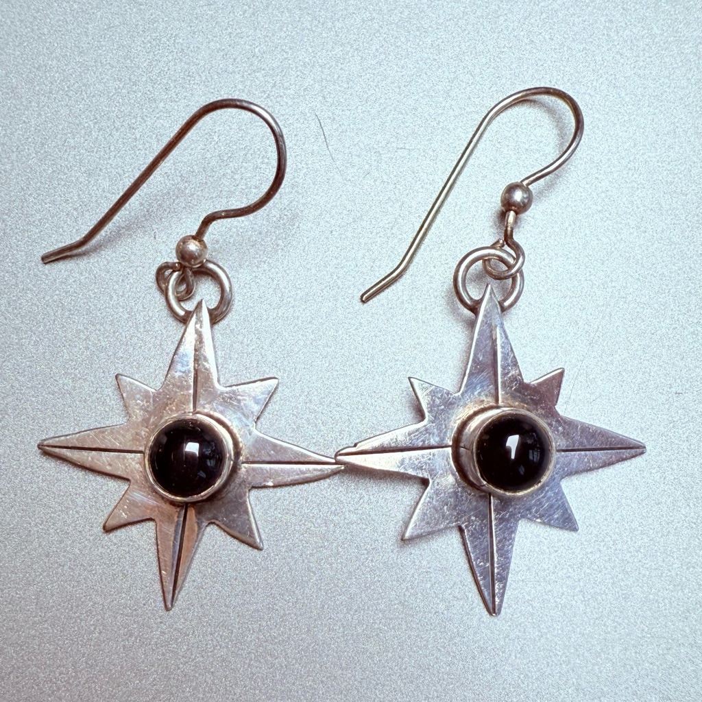 Native American Navajo L. Smiley Onyx Star Dangle Sterling Silver Earrings