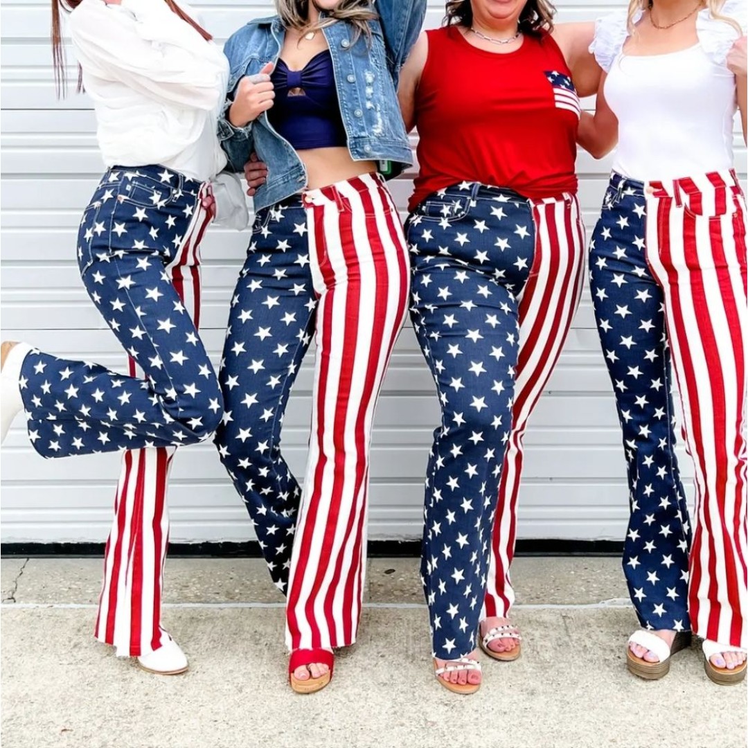 Judy Blue | High Rise Stars & Stripes USA Print Raw Hem Flare Jeans, Women's 16W