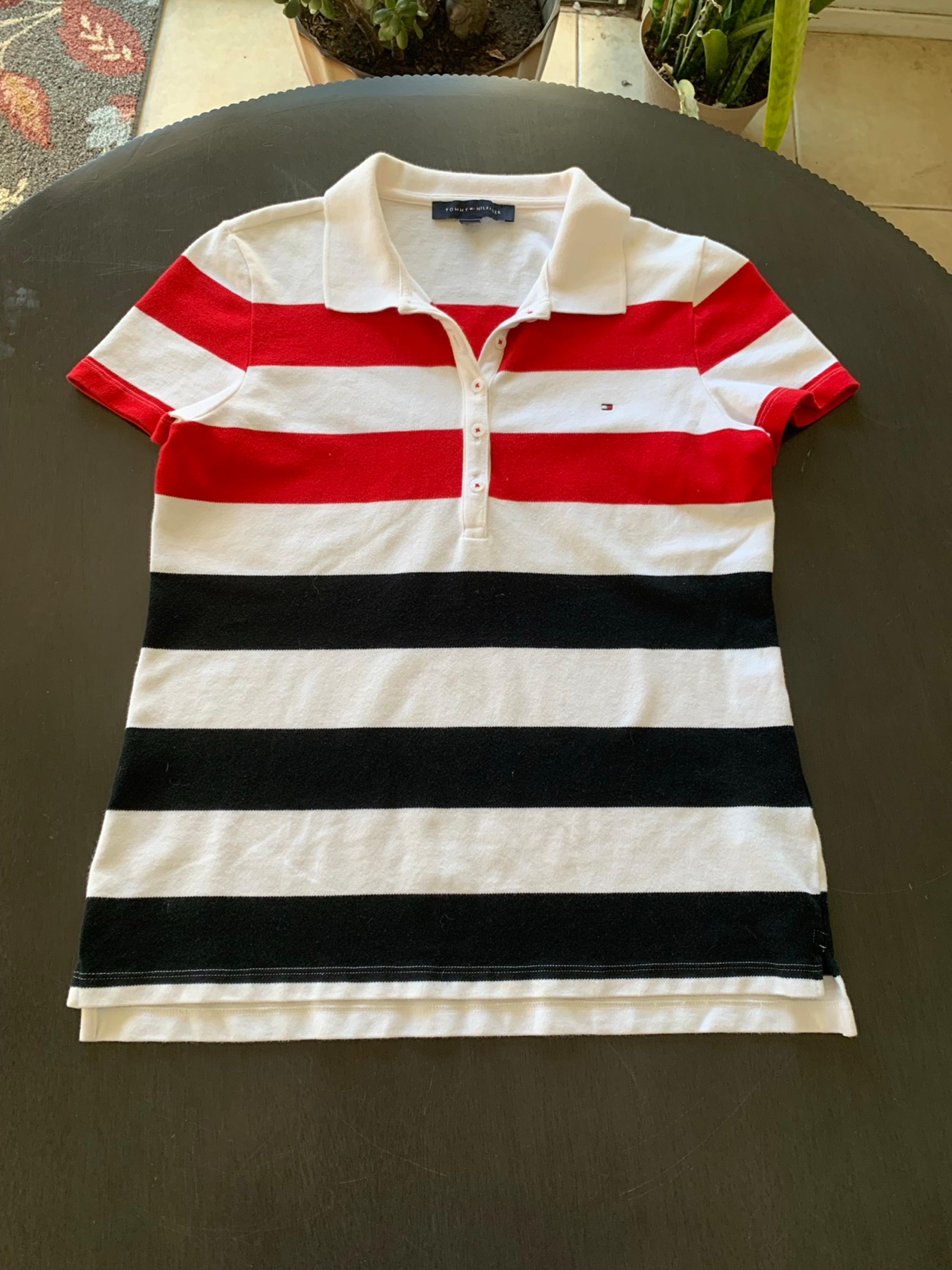 Tommy Hilfiger Red White And Black Striped Polo Top Women’s Medium