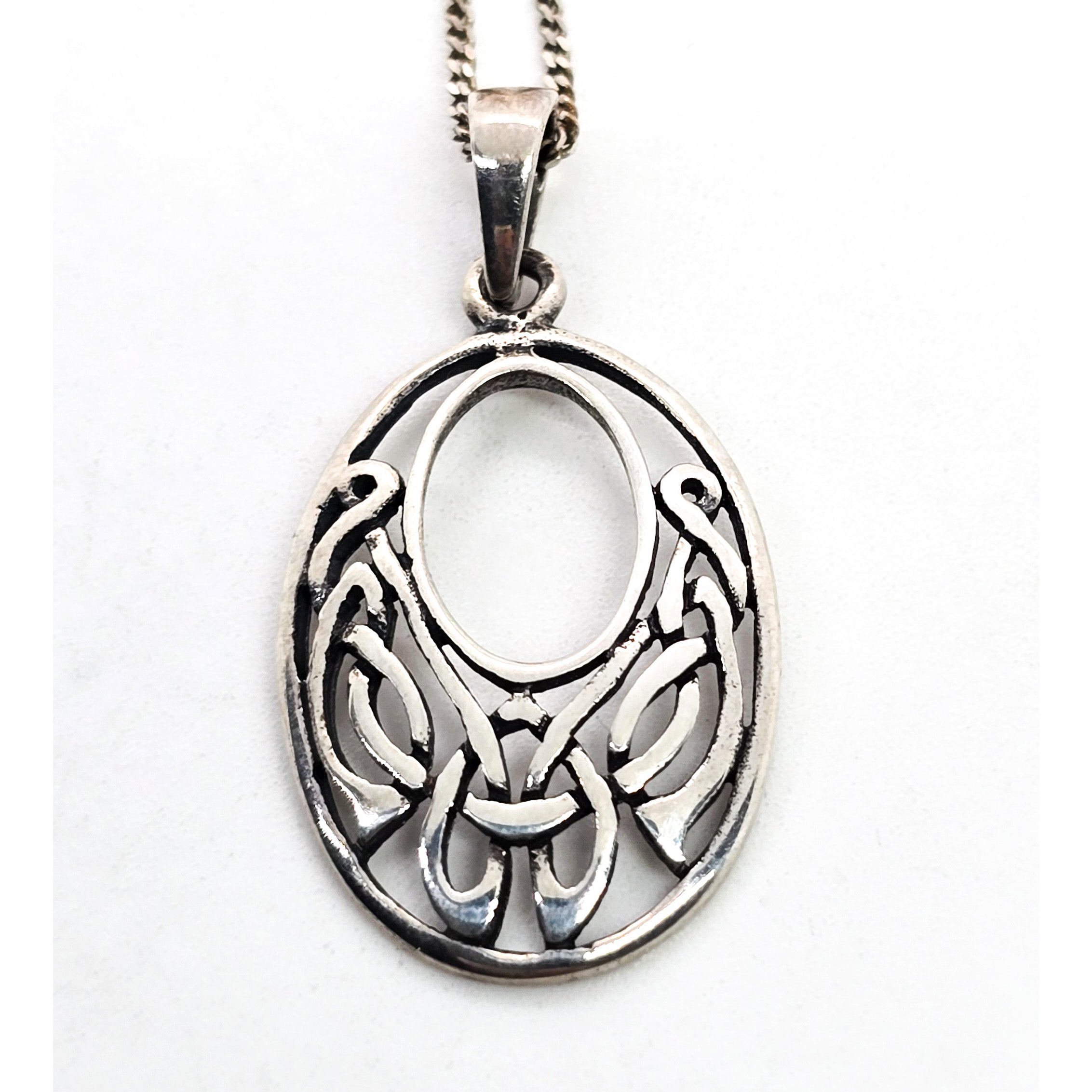 Celtic knot open work drop sterling silver decorated pendant necklace