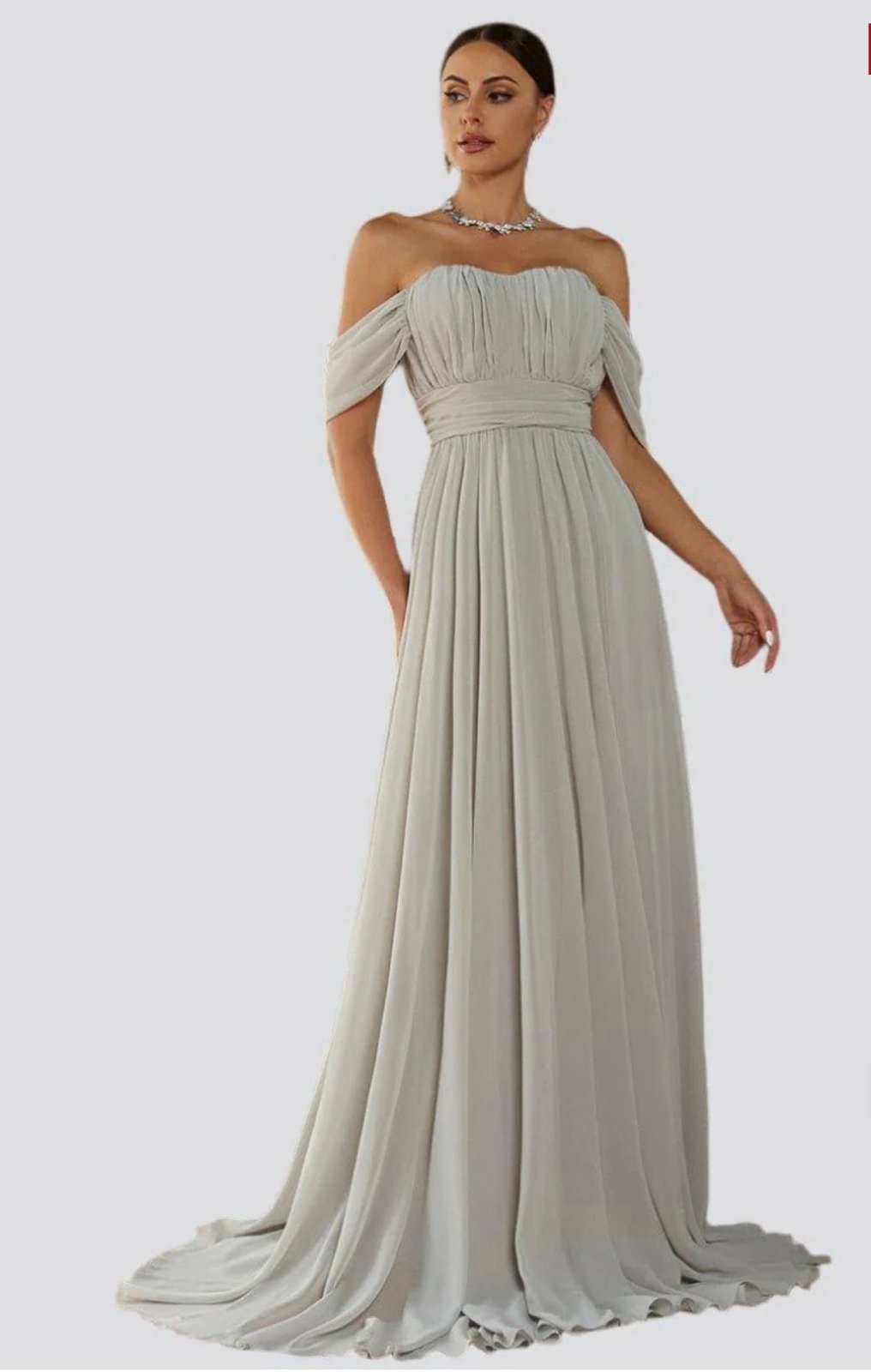Silver/grey off-the-shoulder gown, sz L (8/10), NEW