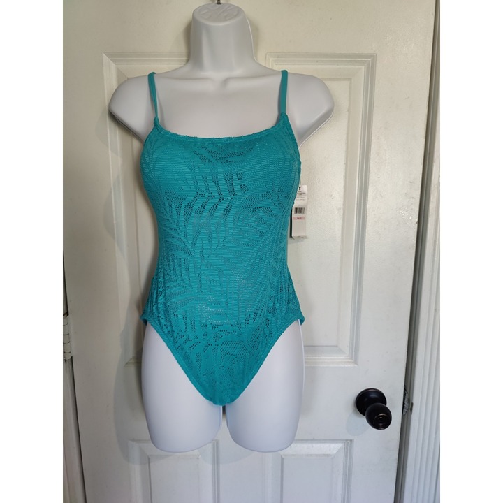 Carmen Marc Valvo Aqua Semi-Sheer One Piece Floral Print Swimsuit 6 Nw