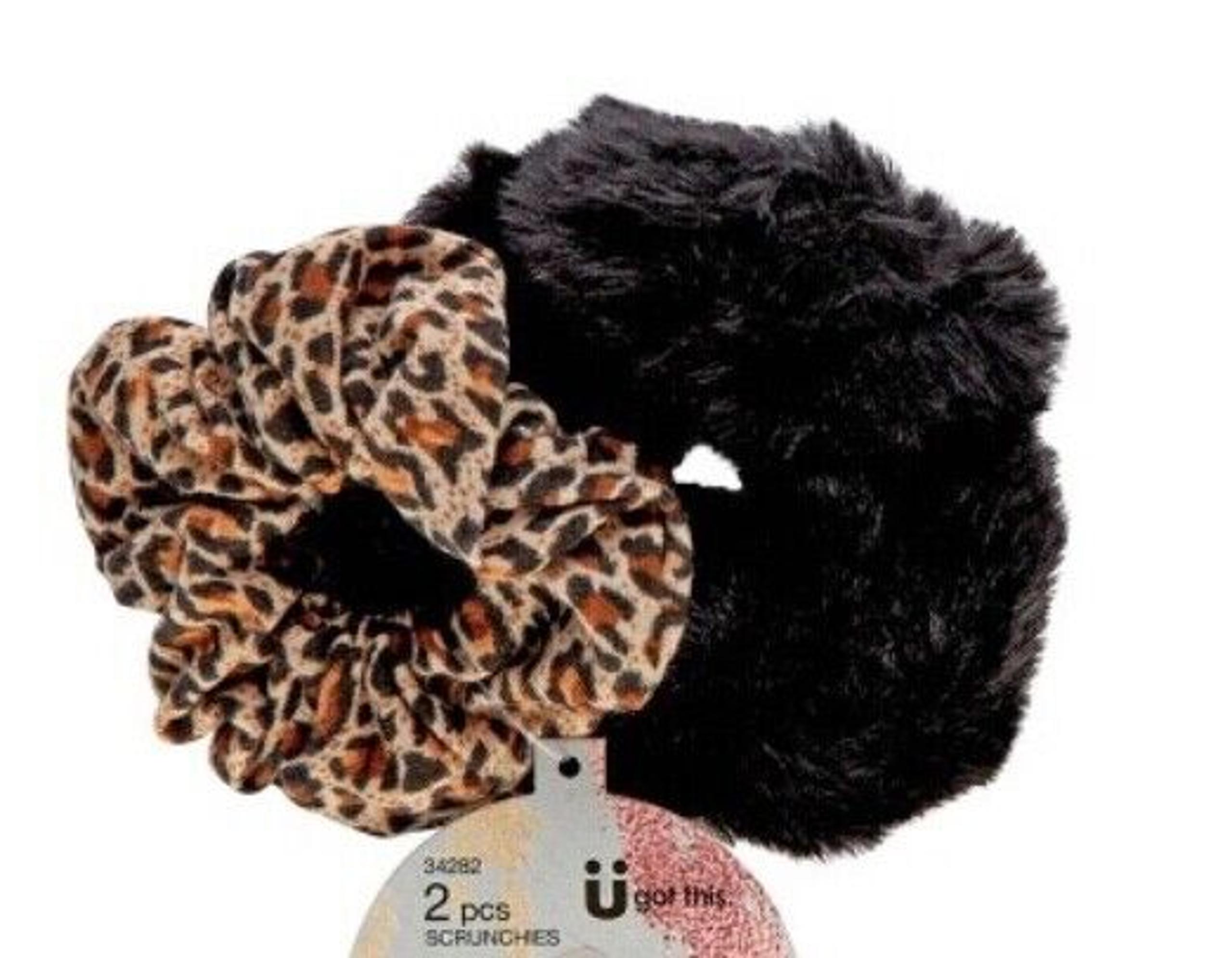 2pc Scunci Scrunchies Faux Fur Hair Twisters Ties Animal Print Leopard Black