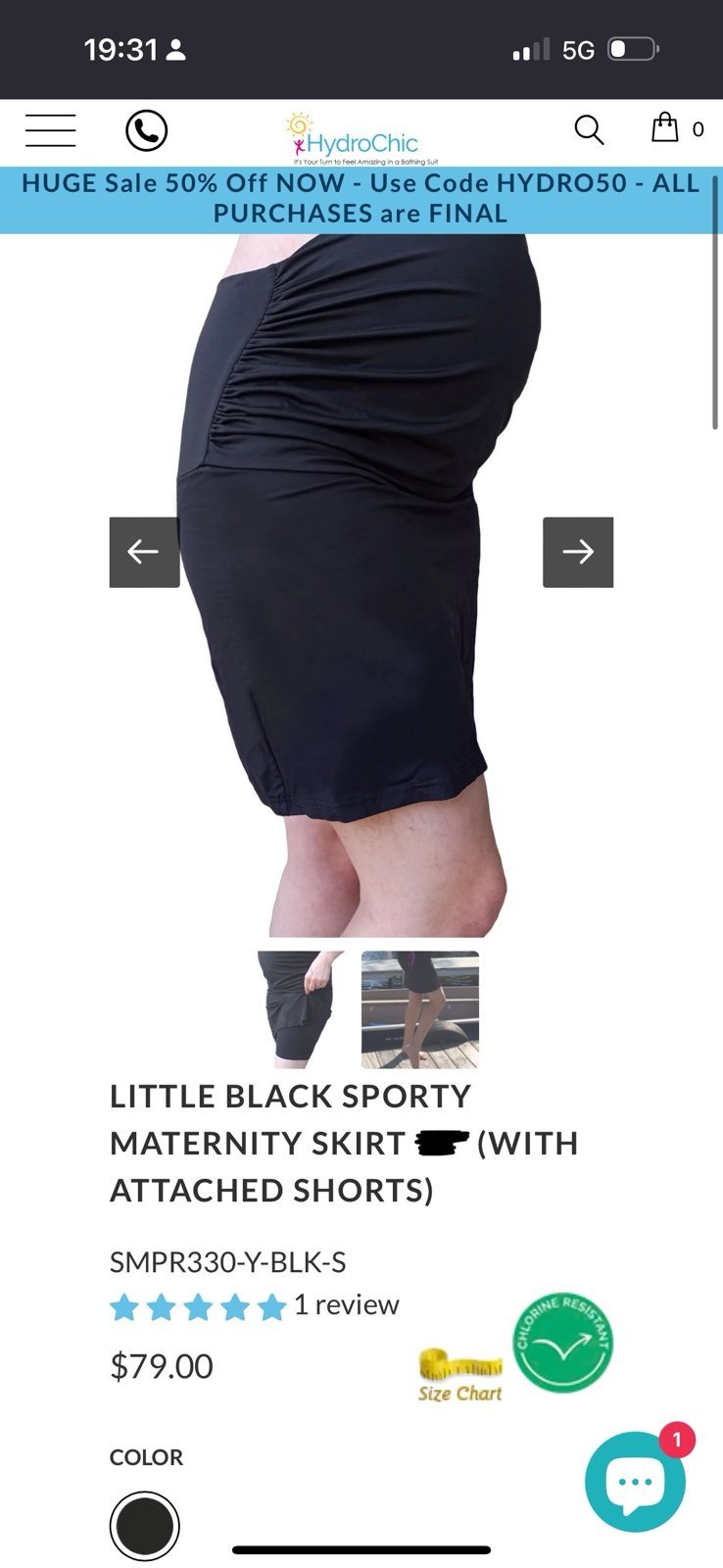 Black maternity UPF 50+ running skort swimsuit bottom large Hydrochic brand