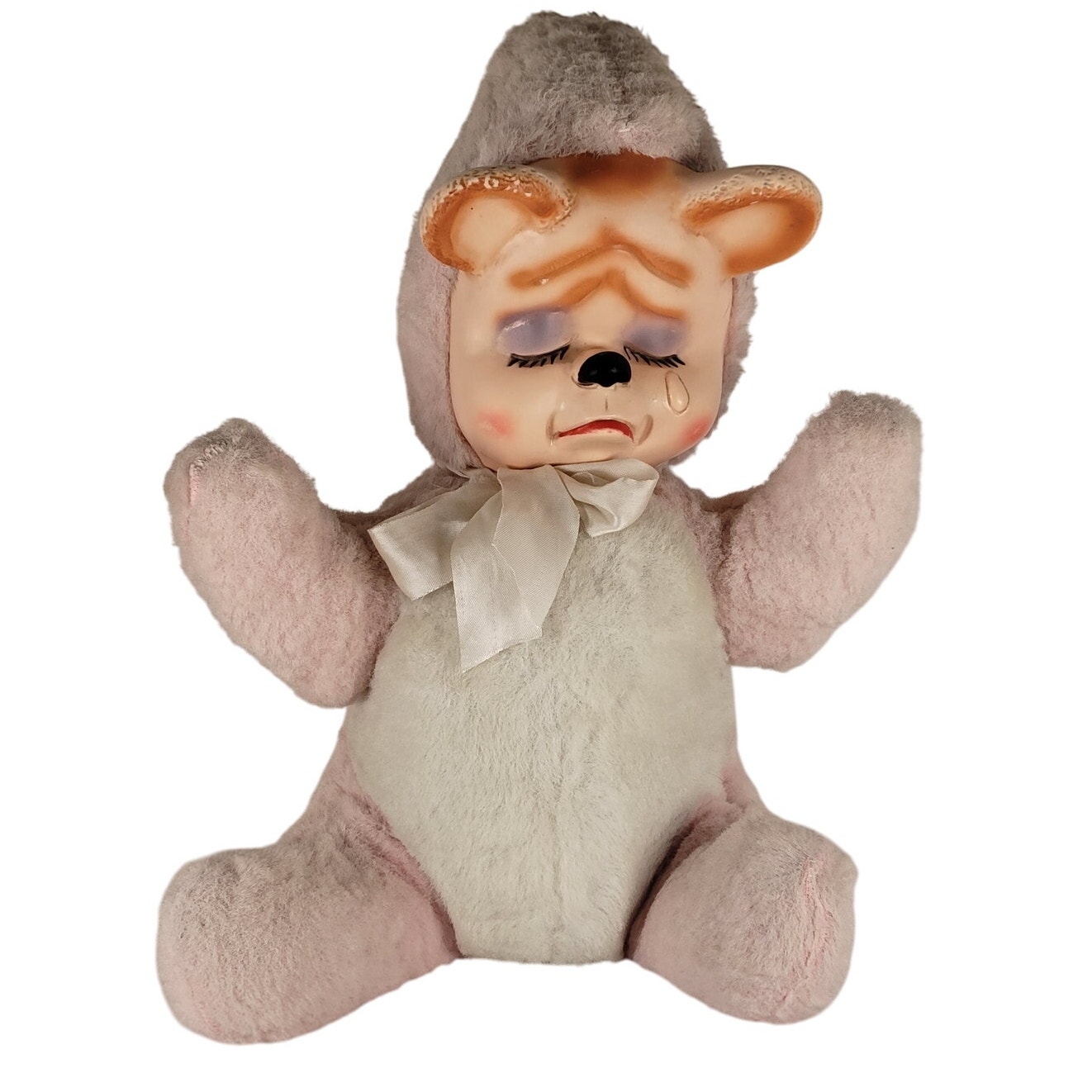 Vintage Rubber Face Crying Bear Plush 14” Pink Old Stuffed Doll READ